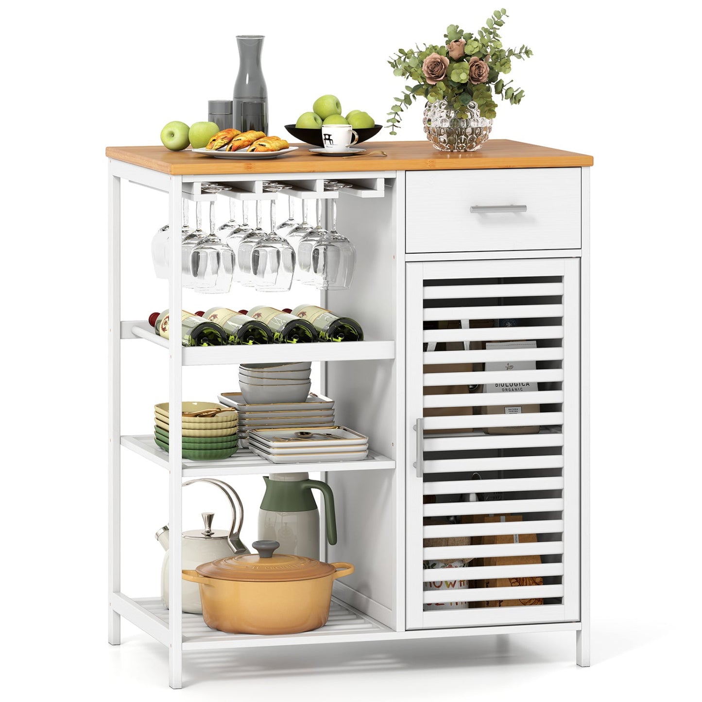 Coffee Bar Cabinet with Wine Rack and Bamboo Top