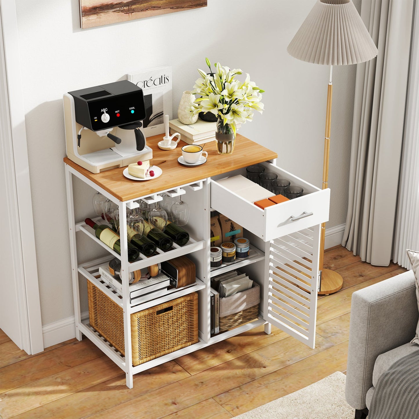 Coffee Bar Cabinet with Wine Rack and Bamboo Top