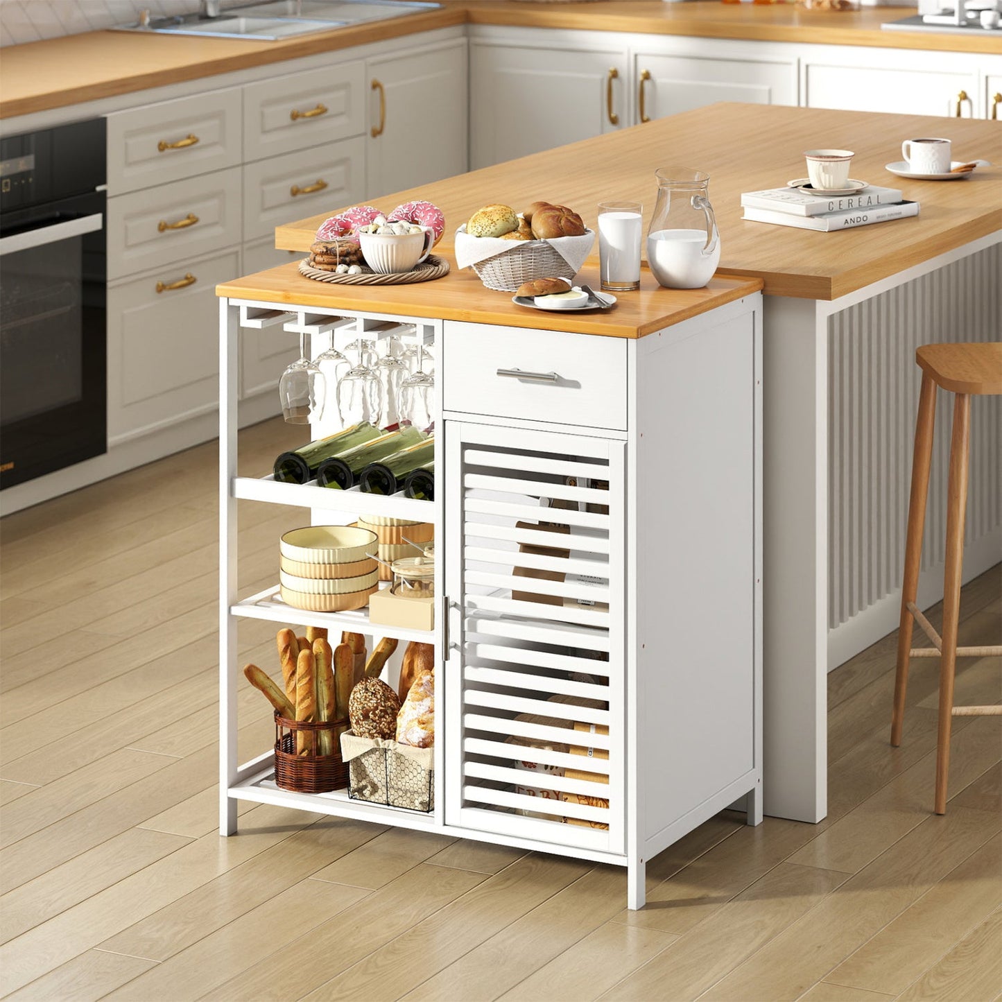 Coffee Bar Cabinet with Wine Rack and Bamboo Top