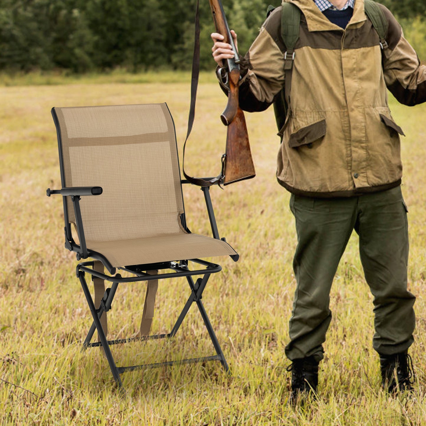 Foldable Swivel Hunting Chair with Mesh Back
