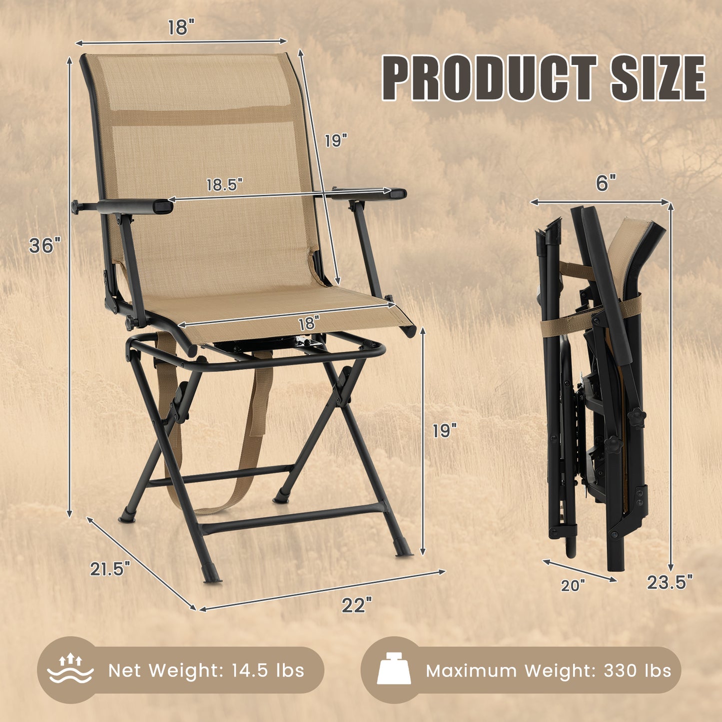 Foldable Swivel Hunting Chair with Mesh Back