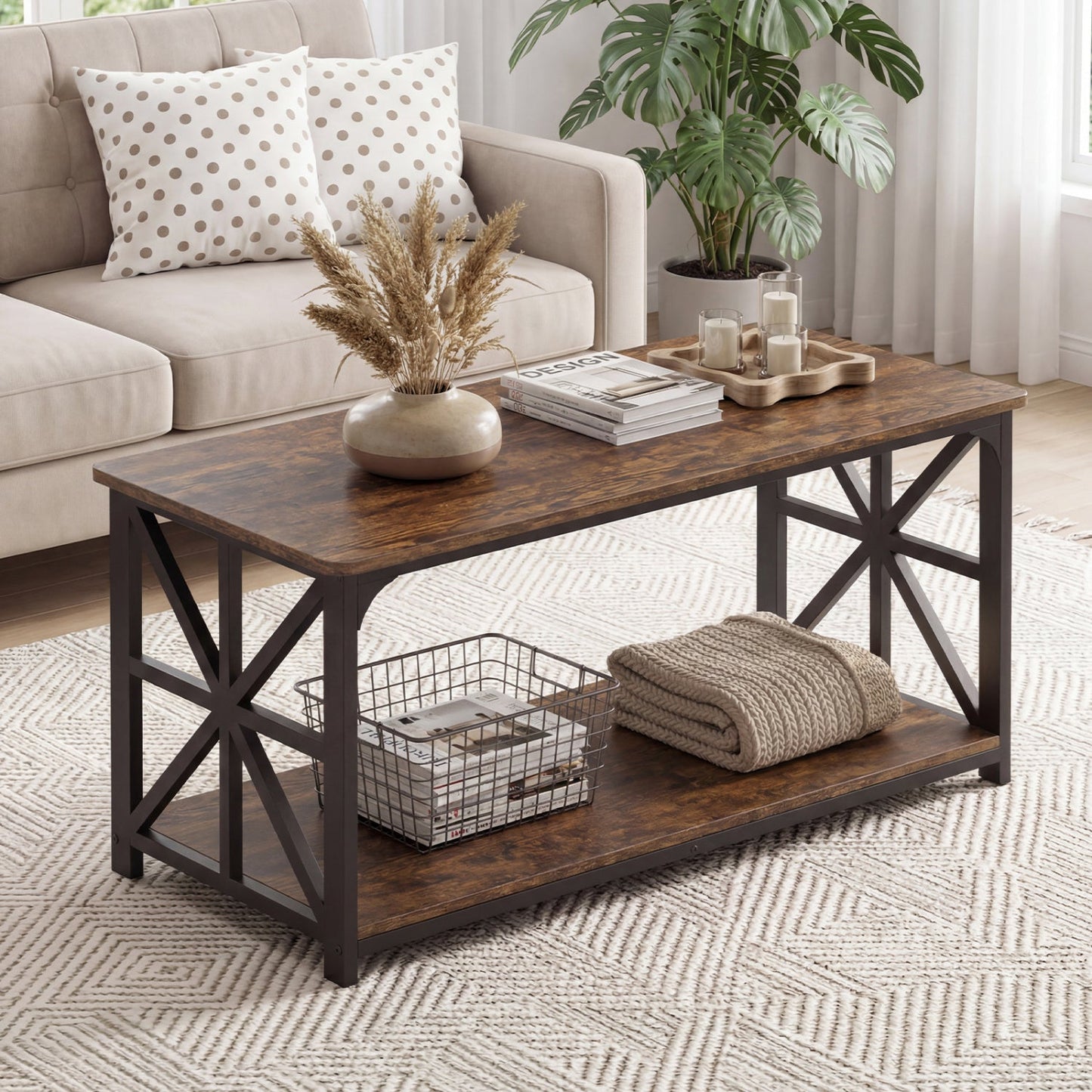 Coffee Table 2-Tier Center Table with Storage Shelf