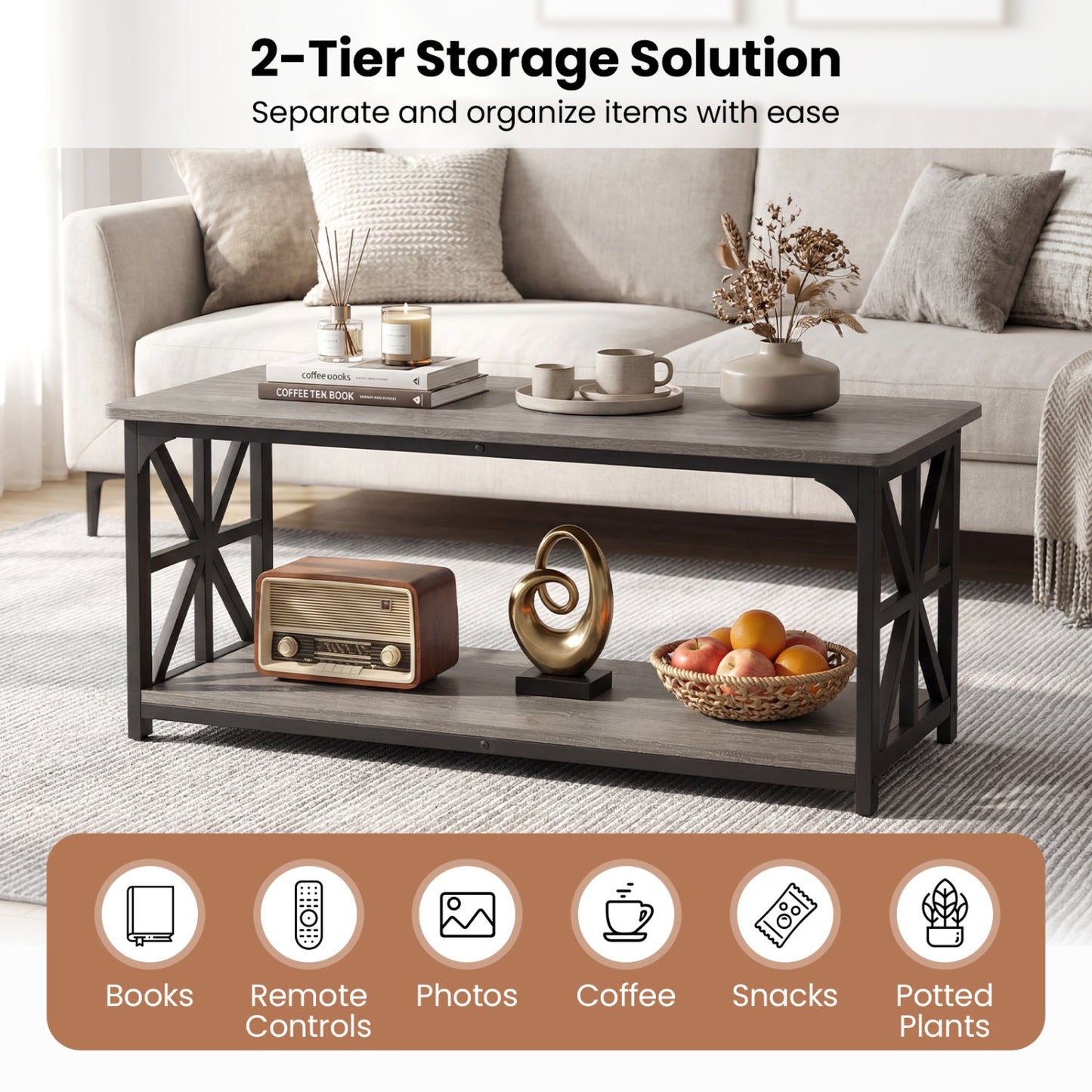 Coffee Table 2-Tier Center Table with Storage Shelf
