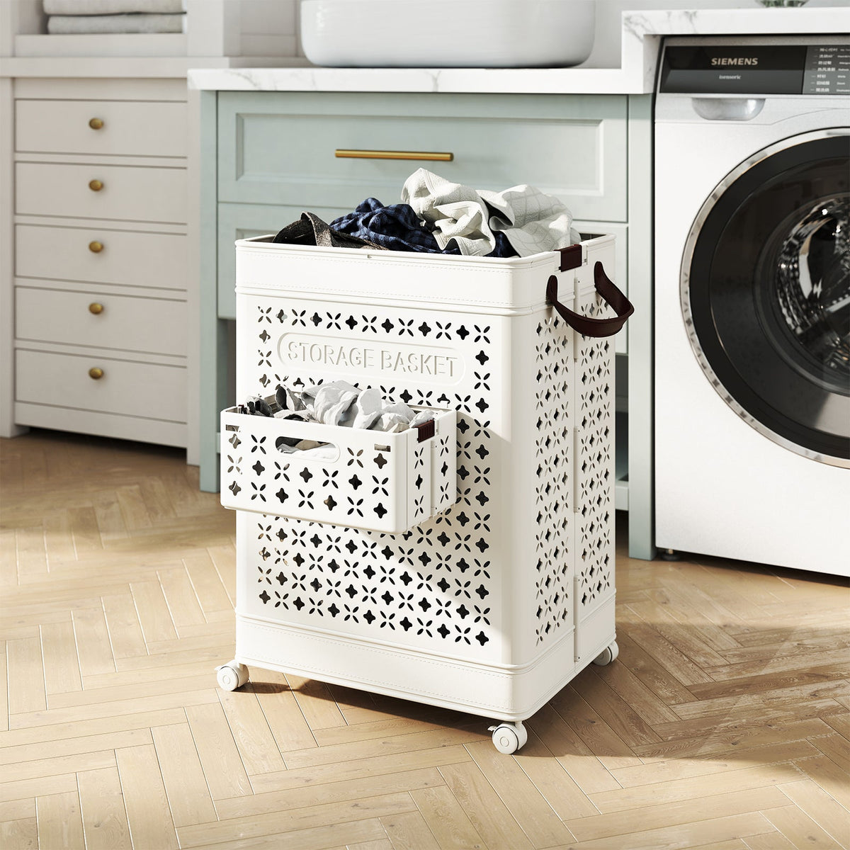 Collapsible Laundry Basket 20 Gallon Plastic Storage Bin-White