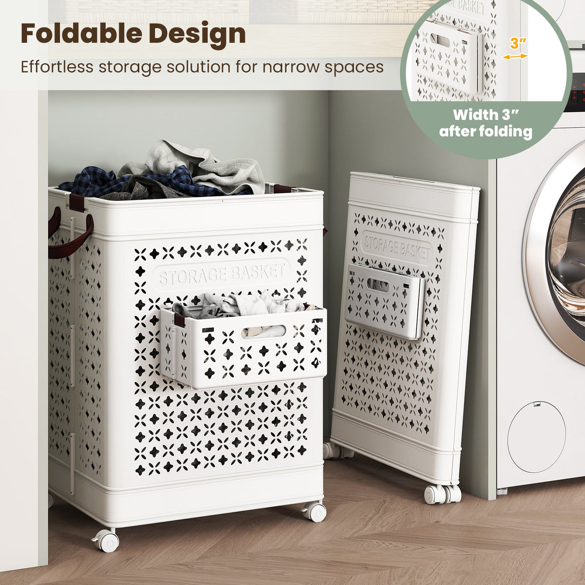 Collapsible Laundry Basket 20 Gallon Plastic Storage Bin-White