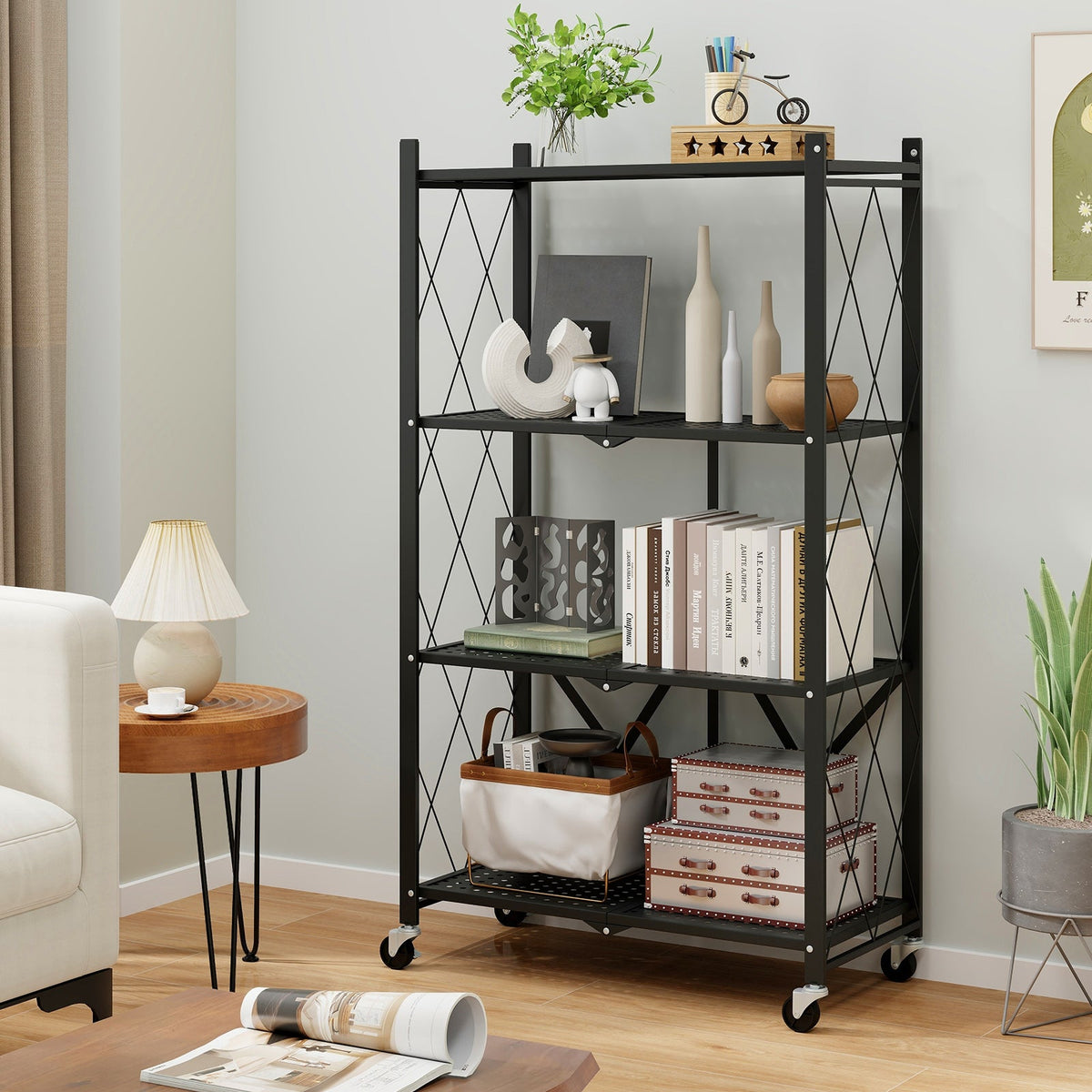 4-Tier Foldable Storage Shelf Collapsible Storage Rack with Lockable Wheels-Black