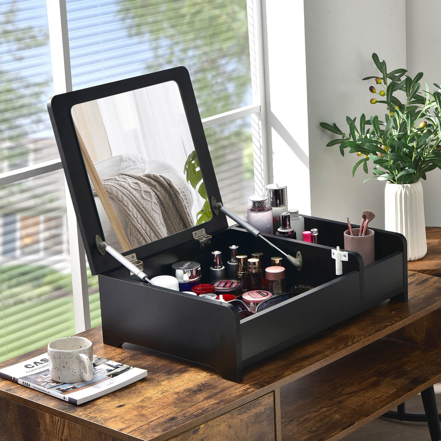 Flip-Top Makeup Vanity Table with Hidden Storage - Black