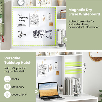 Compact Office Computer Desk with Hutch Magnetic Whiteboard-White