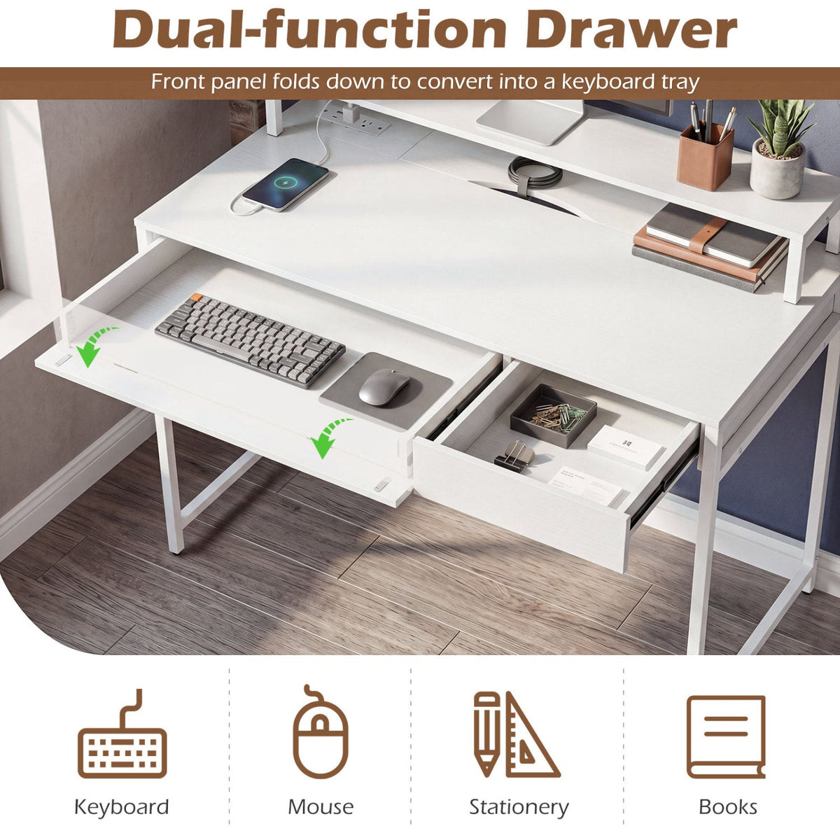 Compact Office Desk with Removable Monitor Shelf & Drawer