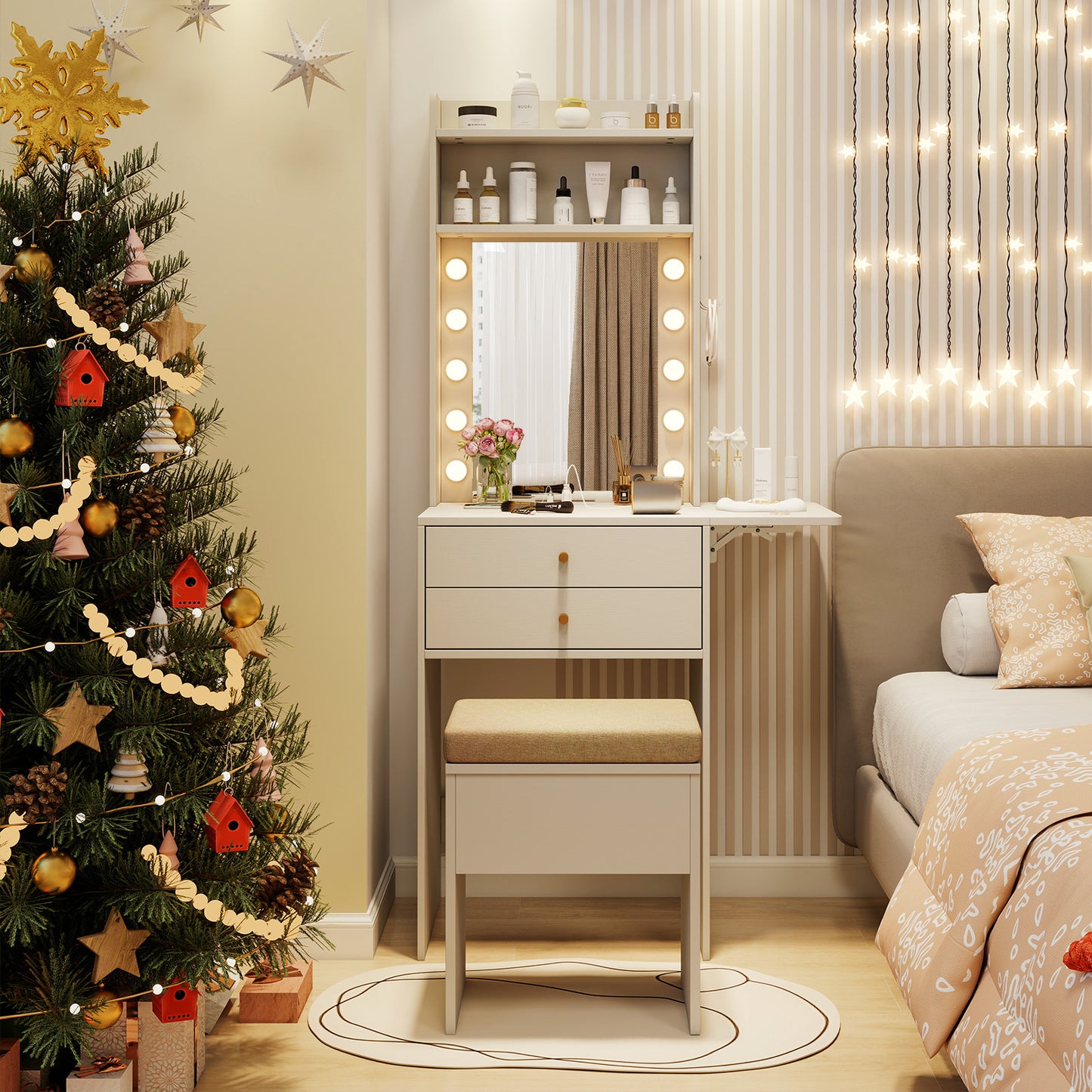 Vanity Desk Set with 3-Color Lighted Mirror and Power Outlets