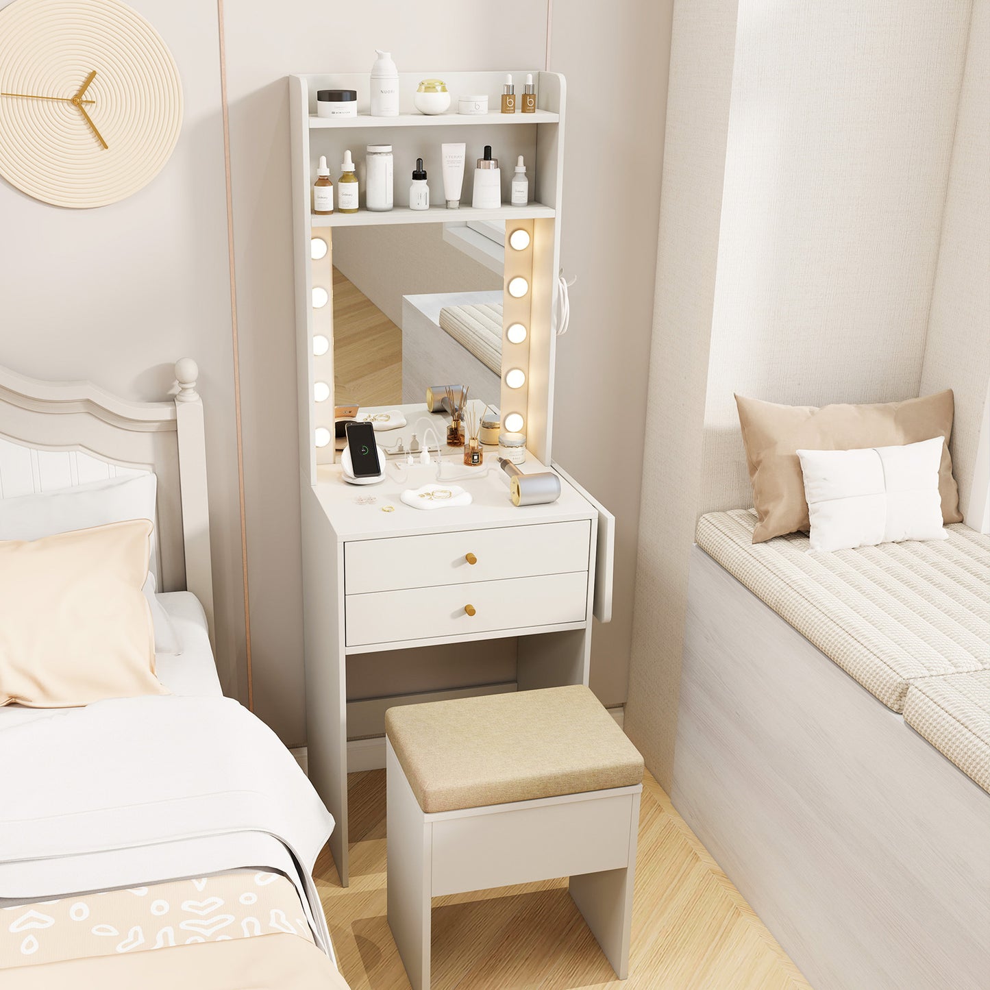 Vanity Desk Set with 3-Color Lighted Mirror and Power Outlets
