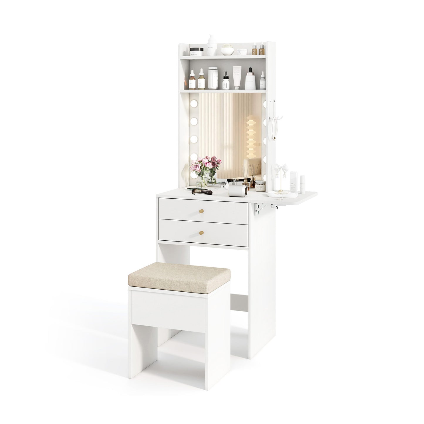 Vanity Desk Set with 3-Color Lighted Mirror and Power Outlets