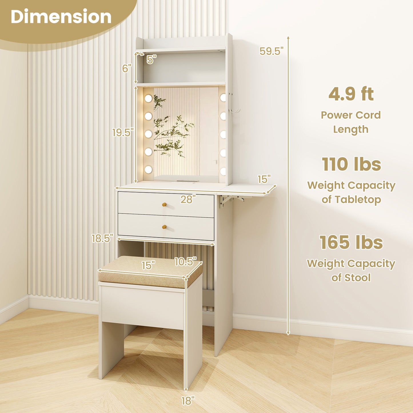 Vanity Desk Set with 3-Color Lighted Mirror and Power Outlets