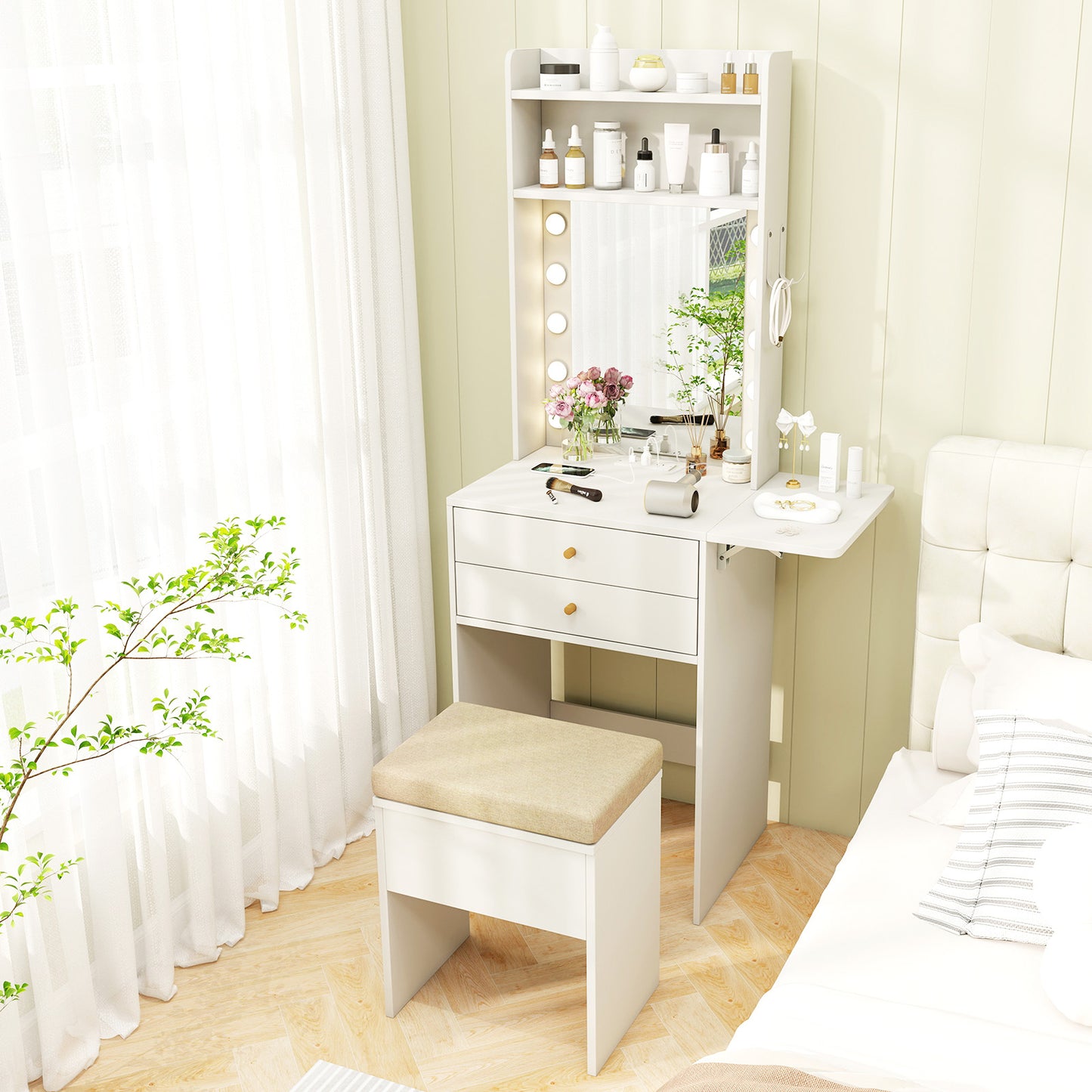 Vanity Desk Set with 3-Color Lighted Mirror and Power Outlets