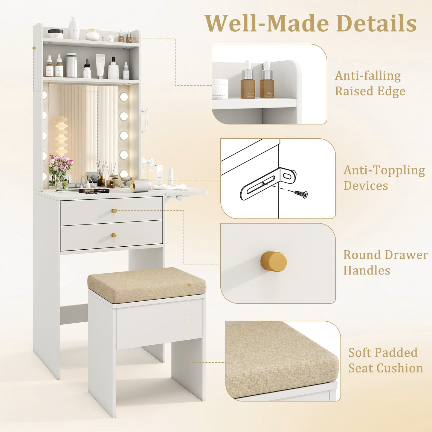 Vanity Desk Set with 3-Color Lighted Mirror and Power Outlets