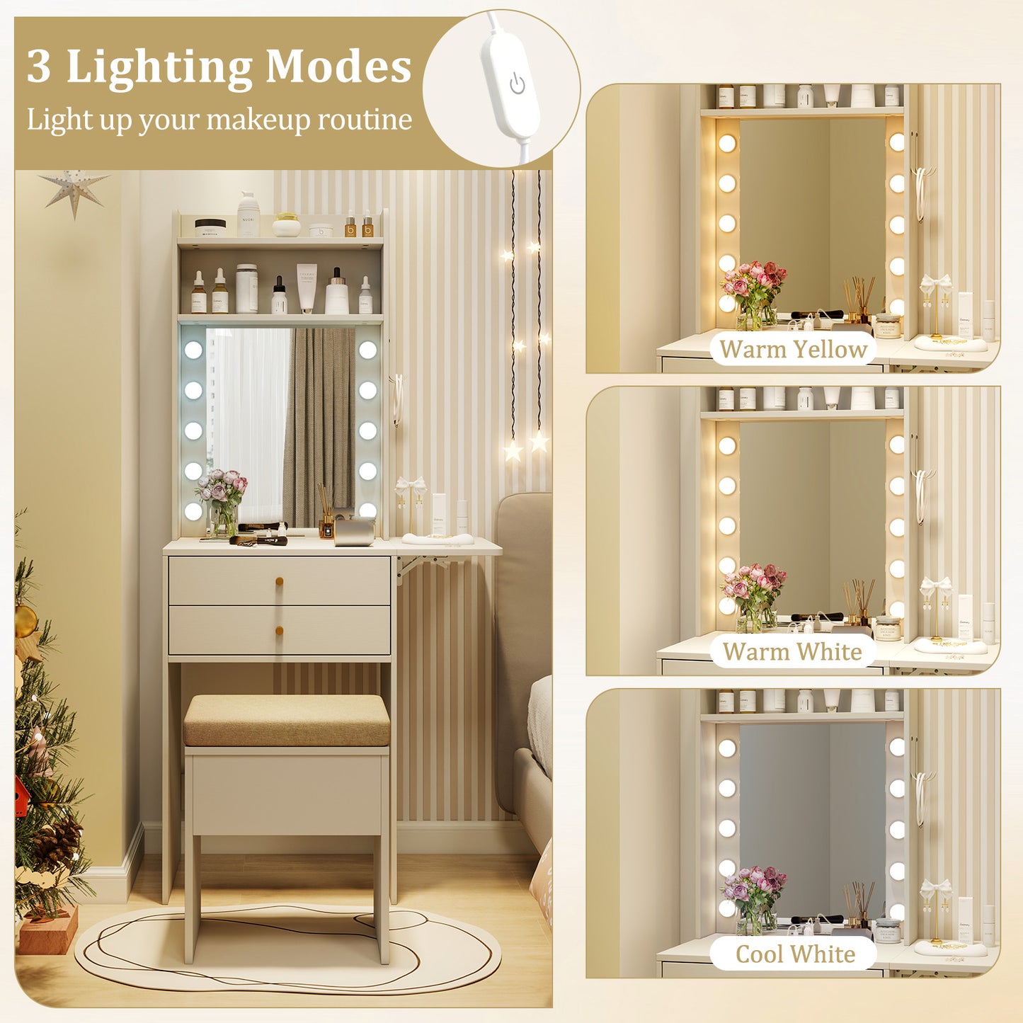 Vanity Desk Set with 3-Color Lighted Mirror and Power Outlets