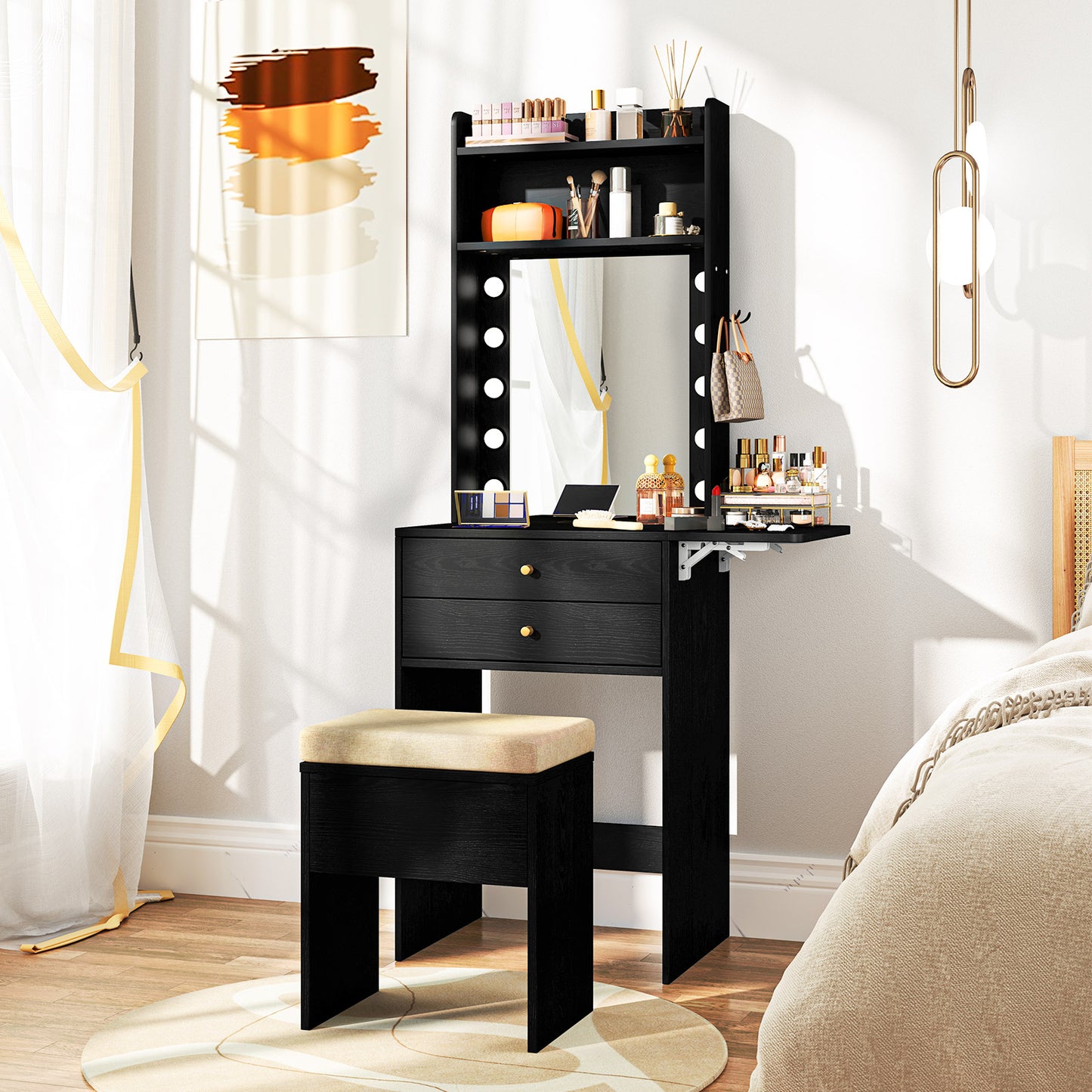 Vanity Desk Set with 3-Color Lighted Mirror and Power Outlets