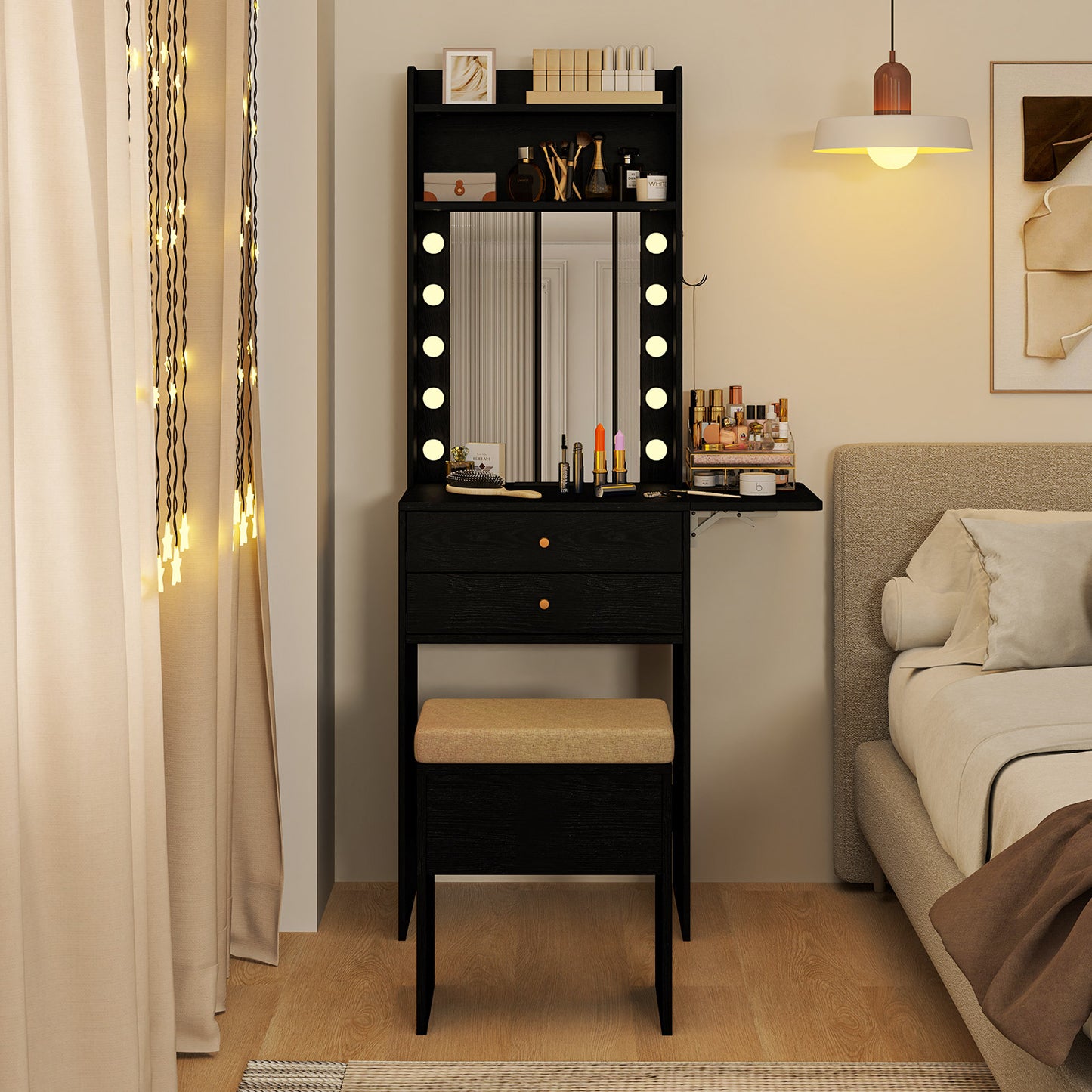 Vanity Desk Set with 3-Color Lighted Mirror and Power Outlets