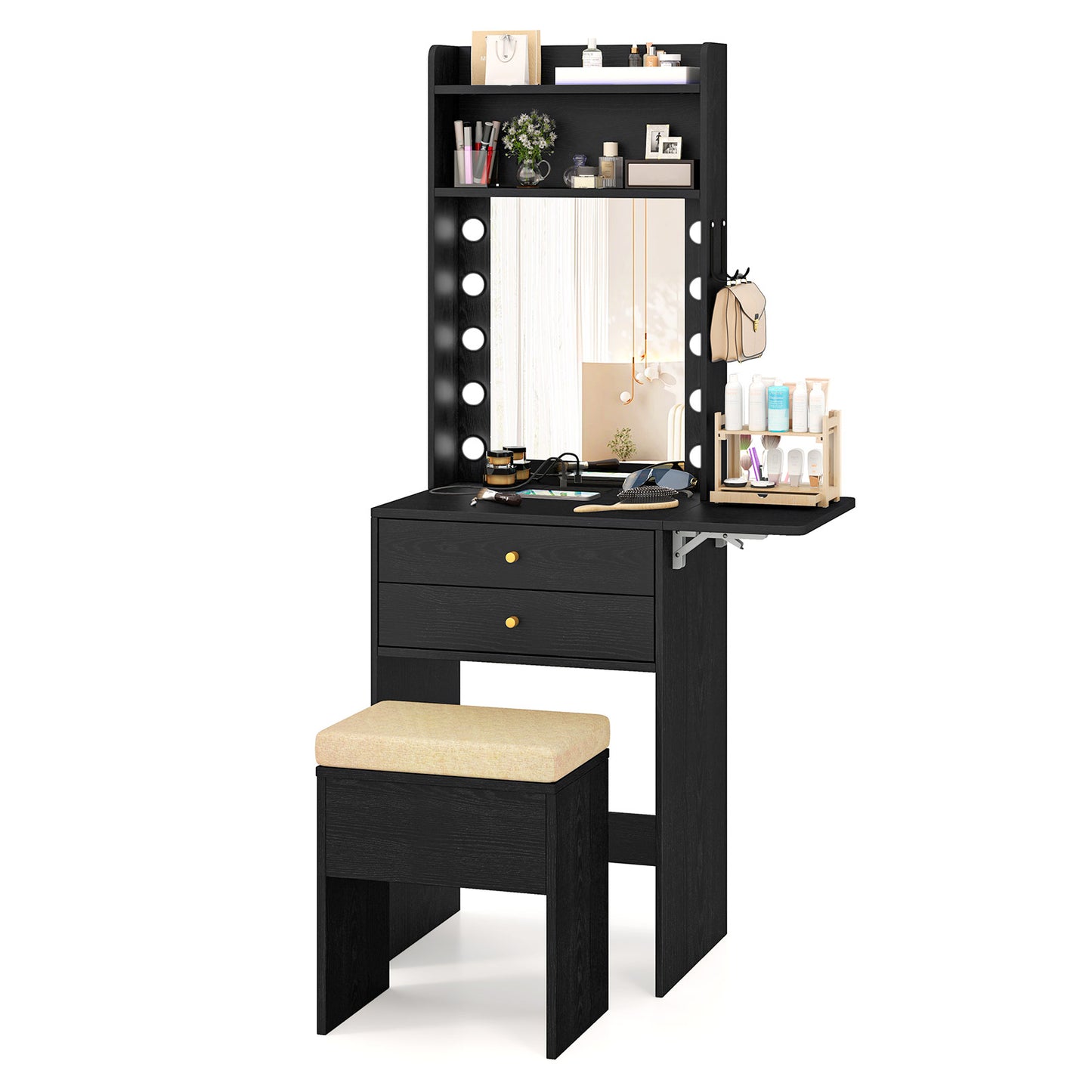 Vanity Desk Set with 3-Color Lighted Mirror and Power Outlets