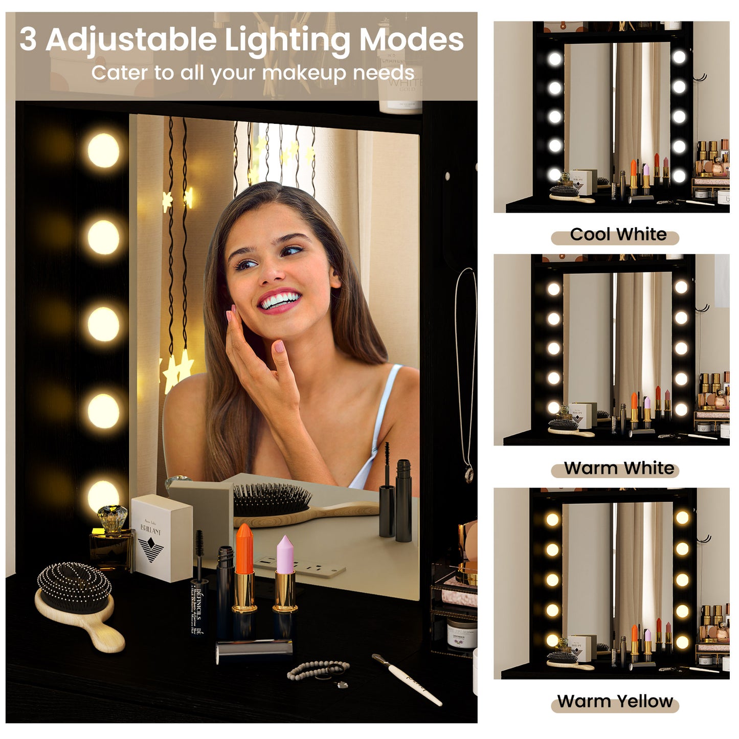 Vanity Desk Set with 3-Color Lighted Mirror and Power Outlets