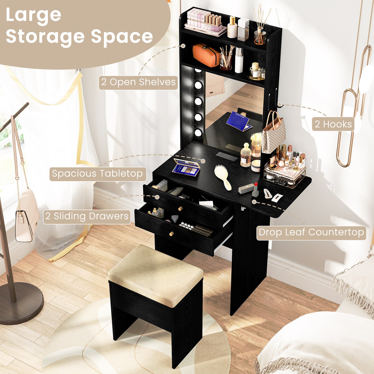 Vanity Desk Set with 3-Color Lighted Mirror and Power Outlets