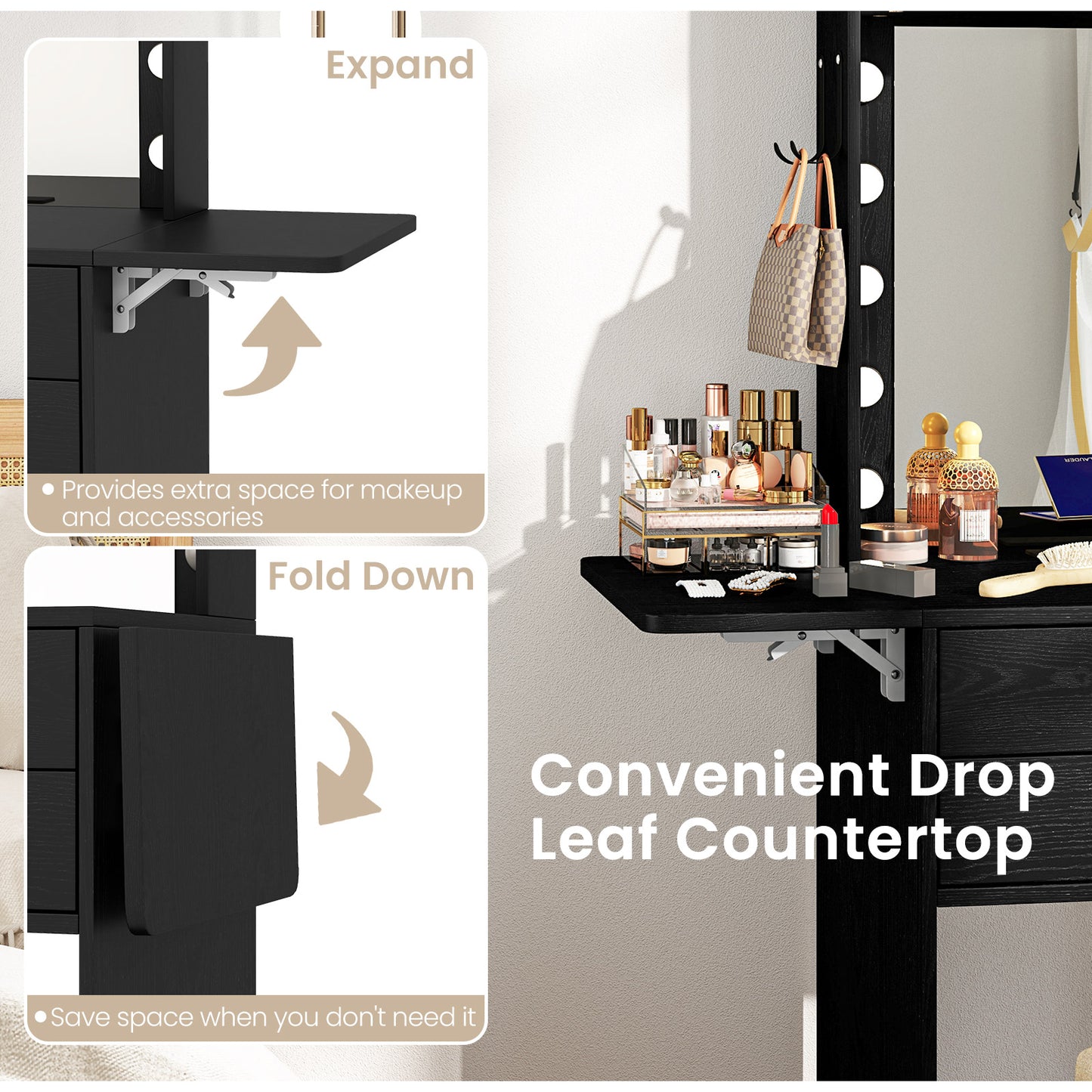 Vanity Desk Set with 3-Color Lighted Mirror and Power Outlets
