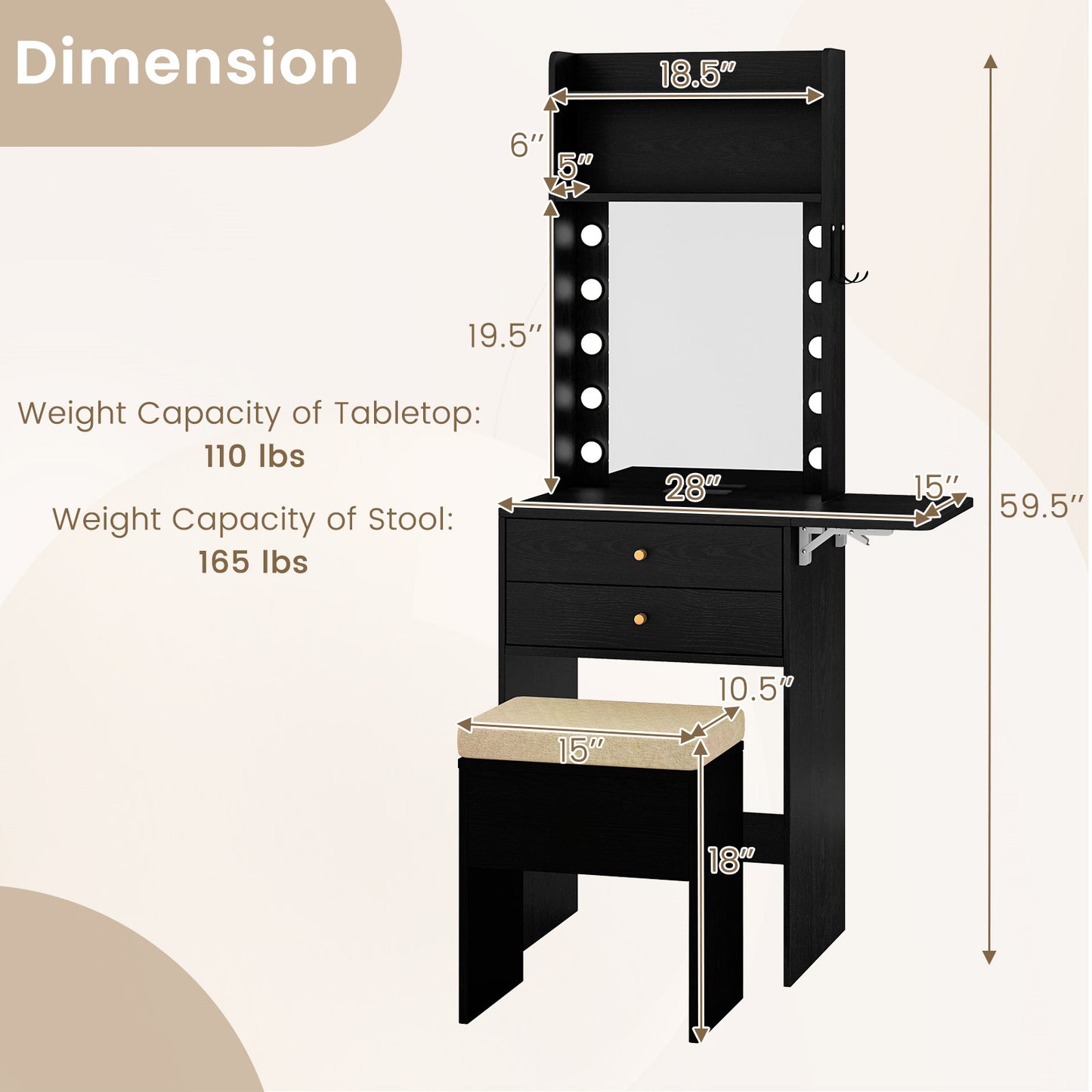 Vanity Desk Set with 3-Color Lighted Mirror and Power Outlets