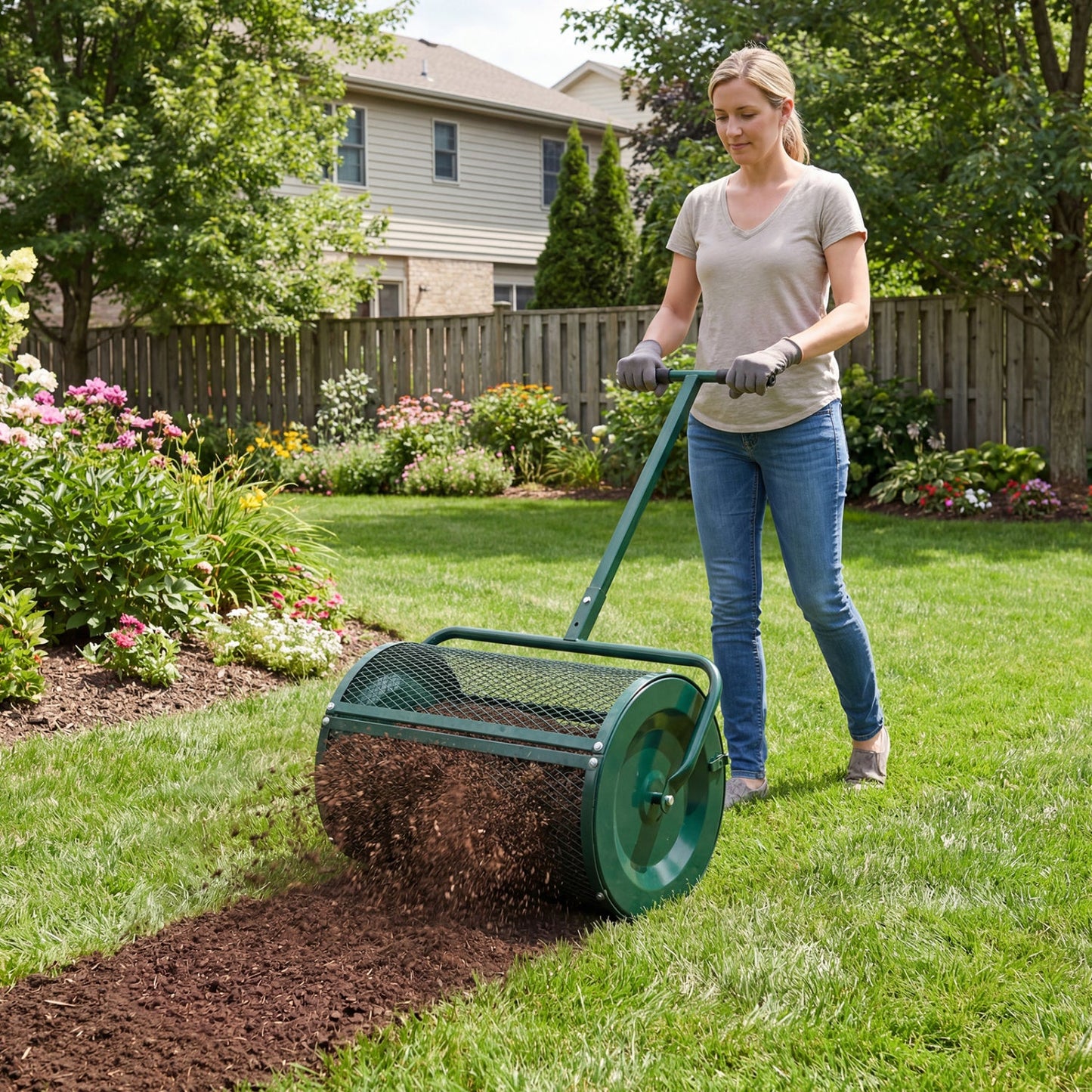 Compost Spreader 24 Inch Peat Moss Spreader Roller with Height-adjustable T-shape Handle