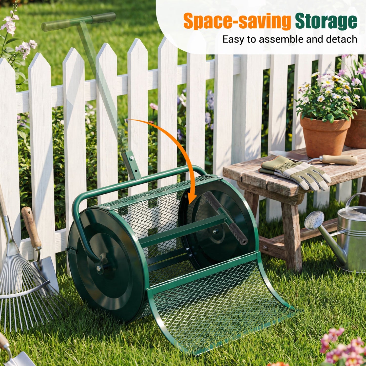 Compost Spreader 24 Inch Peat Moss Spreader Roller with Height-adjustable T-shape Handle