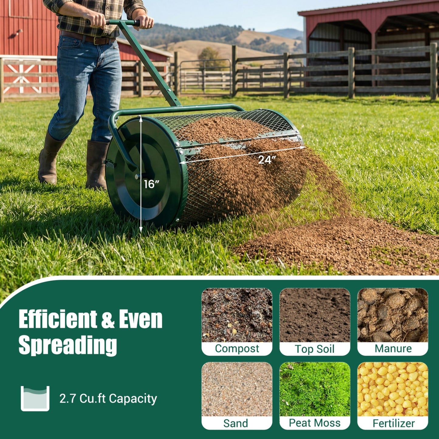 Compost Spreader 24 Inch Peat Moss Spreader Roller with Height-adjustable T-shape Handle