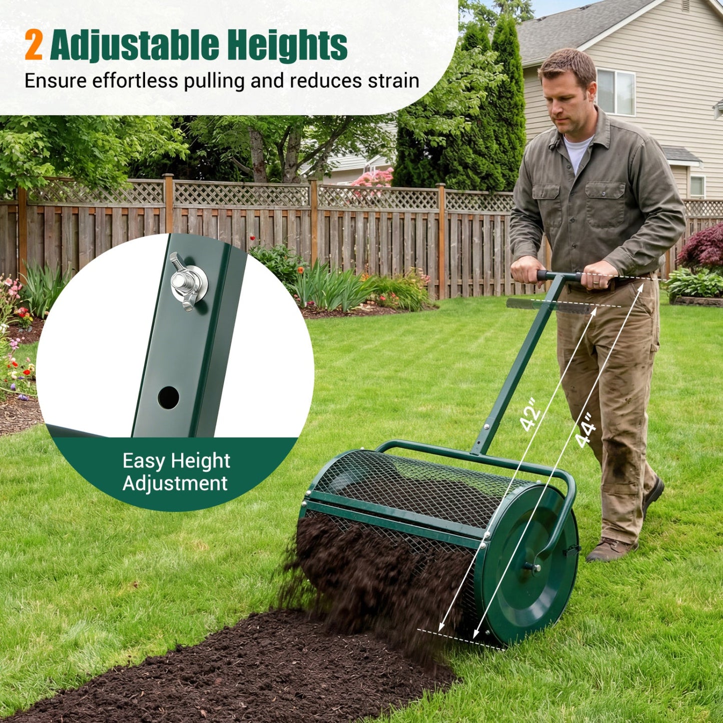 Compost Spreader 24 Inch Peat Moss Spreader Roller with Height-adjustable T-shape Handle