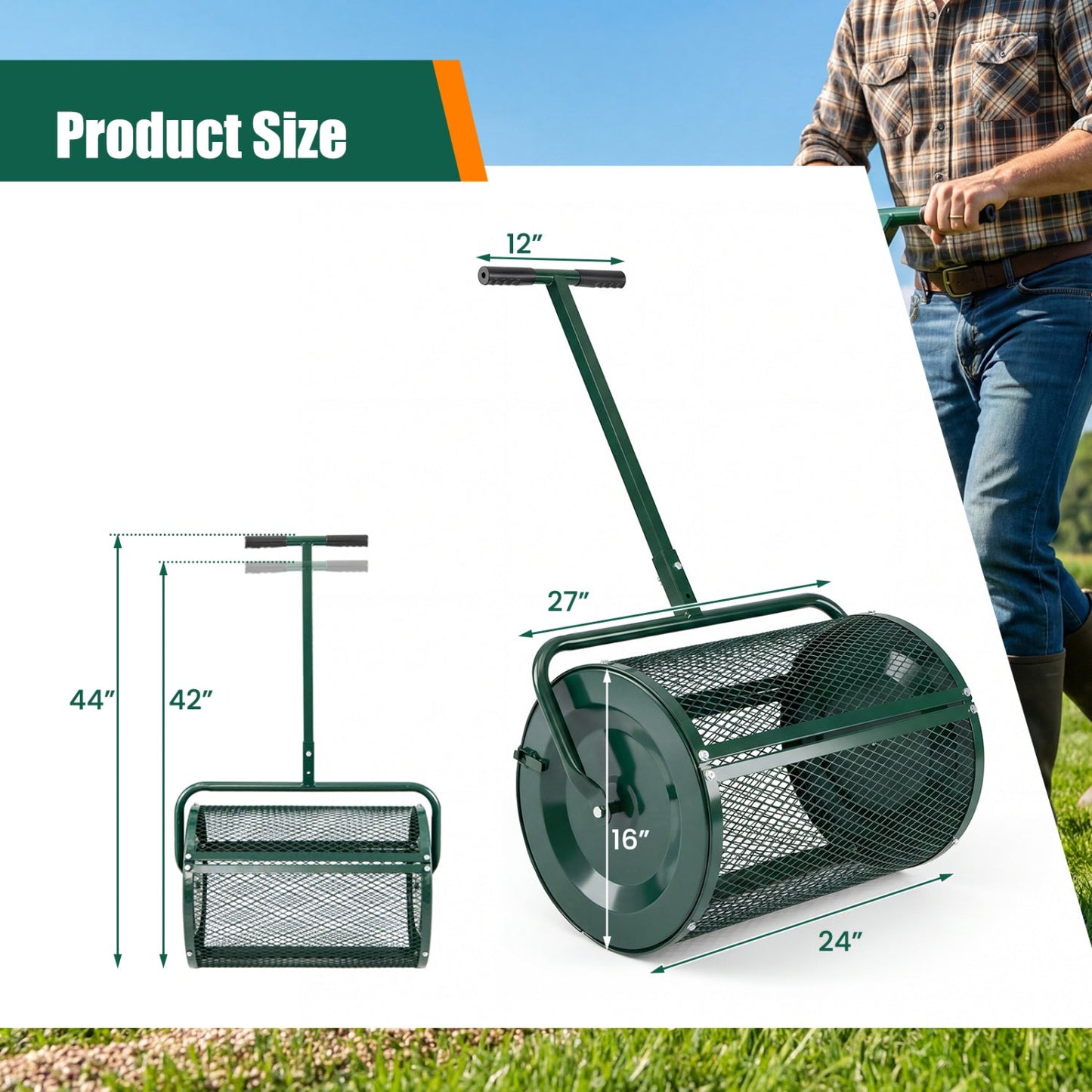 Compost Spreader 24 Inch Peat Moss Spreader Roller with Height-adjustable T-shape Handle
