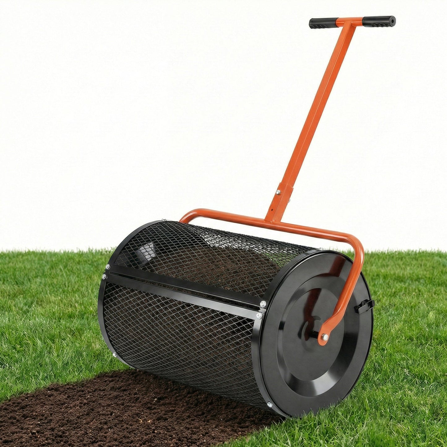 Compost Spreader 24 Inch Peat Moss Spreader Roller with Height-adjustable T-shape Handle