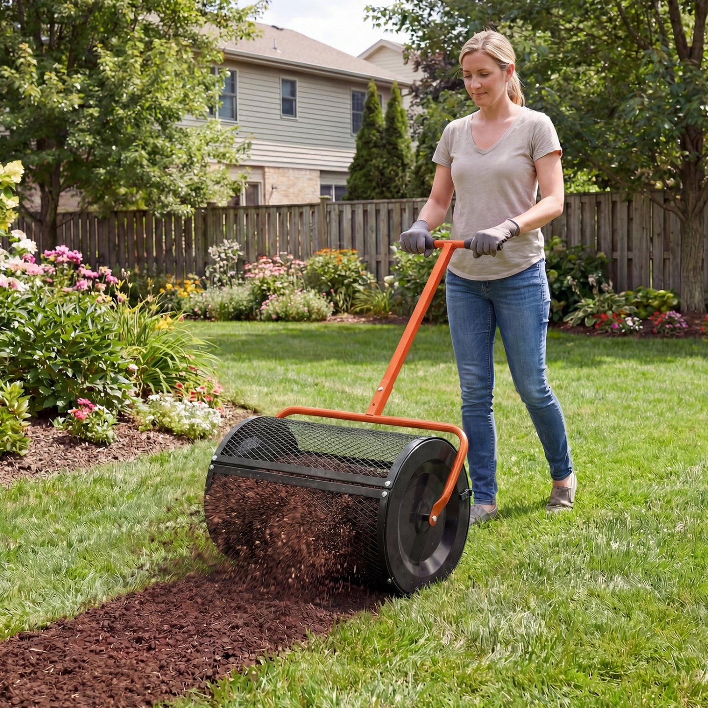 Compost Spreader 24 Inch Peat Moss Spreader Roller with Height-adjustable T-shape Handle