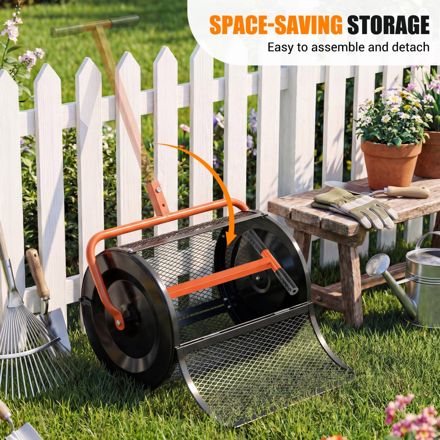 Compost Spreader 24 Inch Peat Moss Spreader Roller with Height-adjustable T-shape Handle