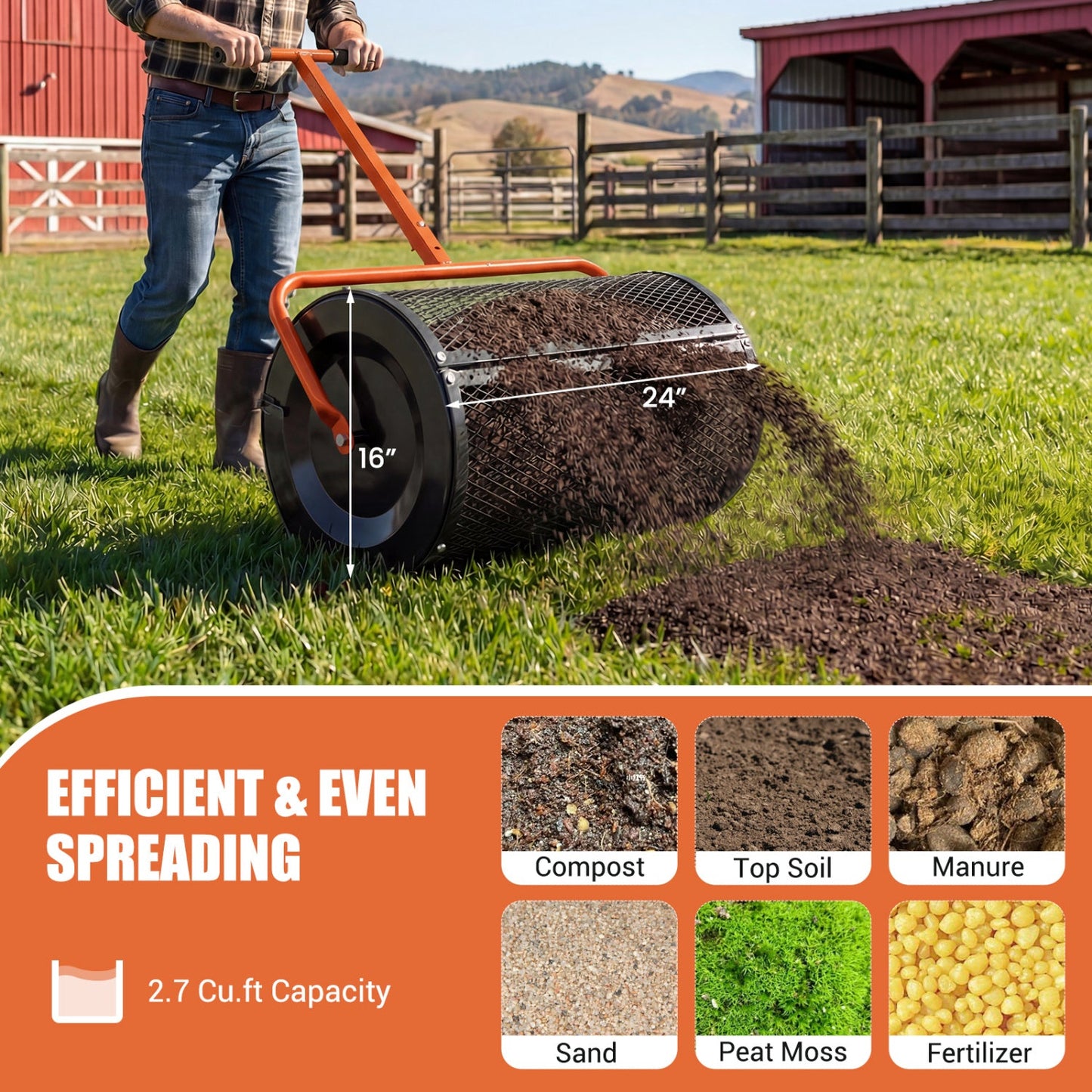 Compost Spreader 24 Inch Peat Moss Spreader Roller with Height-adjustable T-shape Handle
