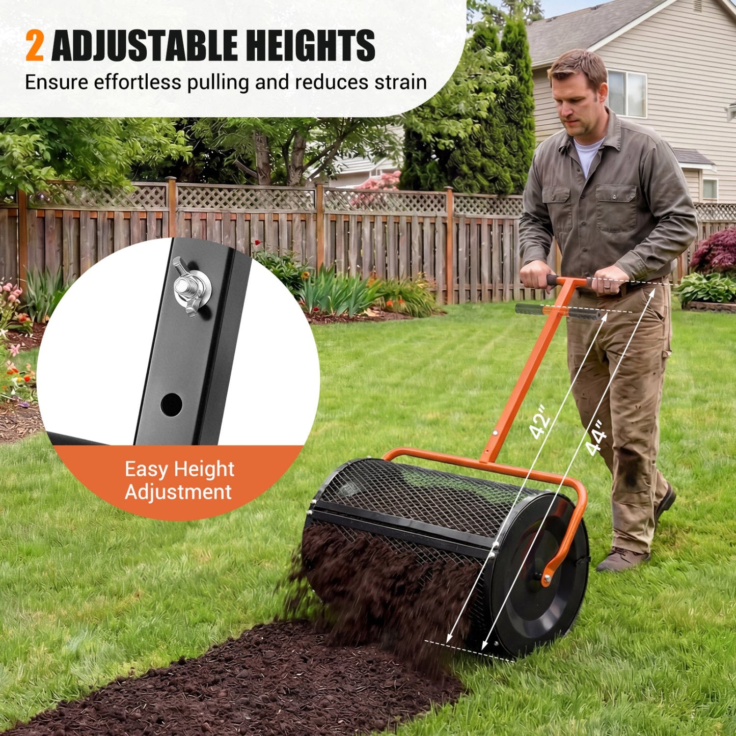 Compost Spreader 24 Inch Peat Moss Spreader Roller with Height-adjustable T-shape Handle
