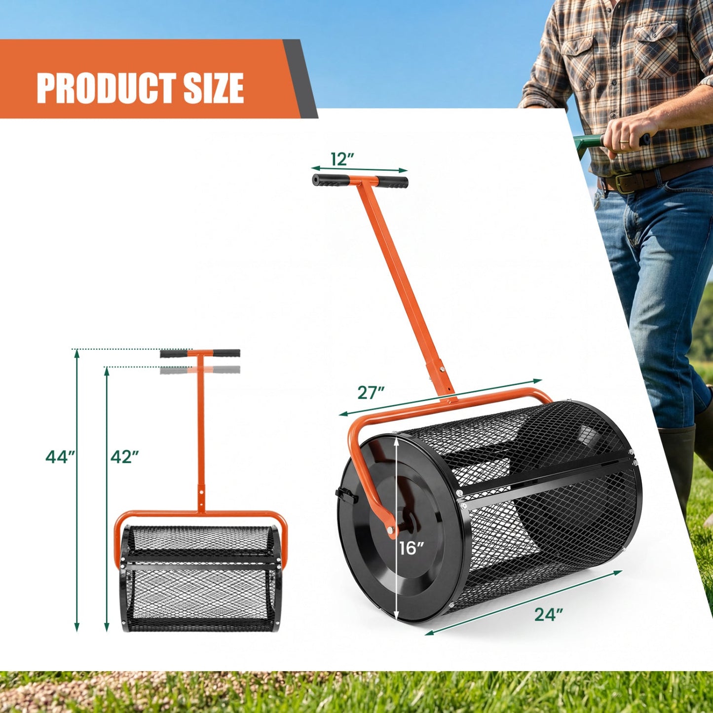 Compost Spreader 24 Inch Peat Moss Spreader Roller with Height-adjustable T-shape Handle