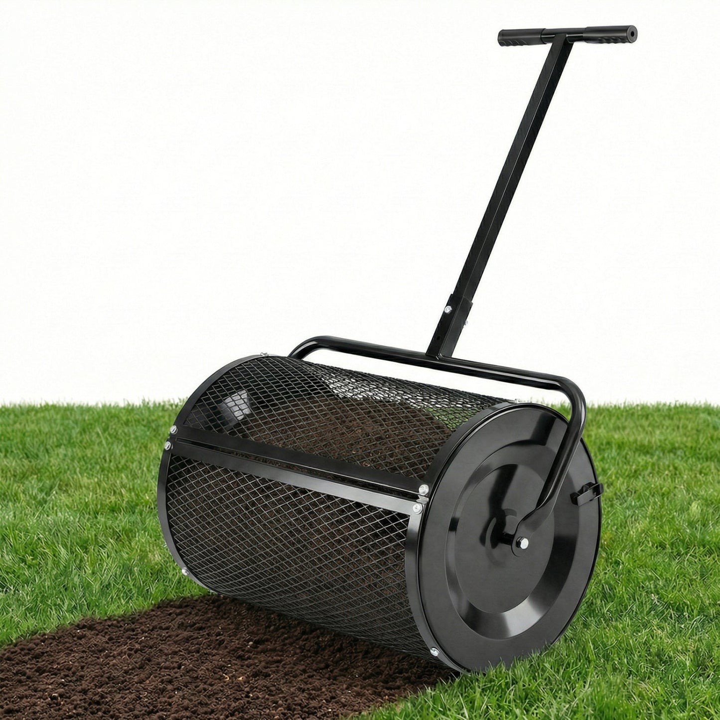 Compost Spreader 24 Inch Peat Moss Spreader Roller with Height-adjustable T-shape Handle