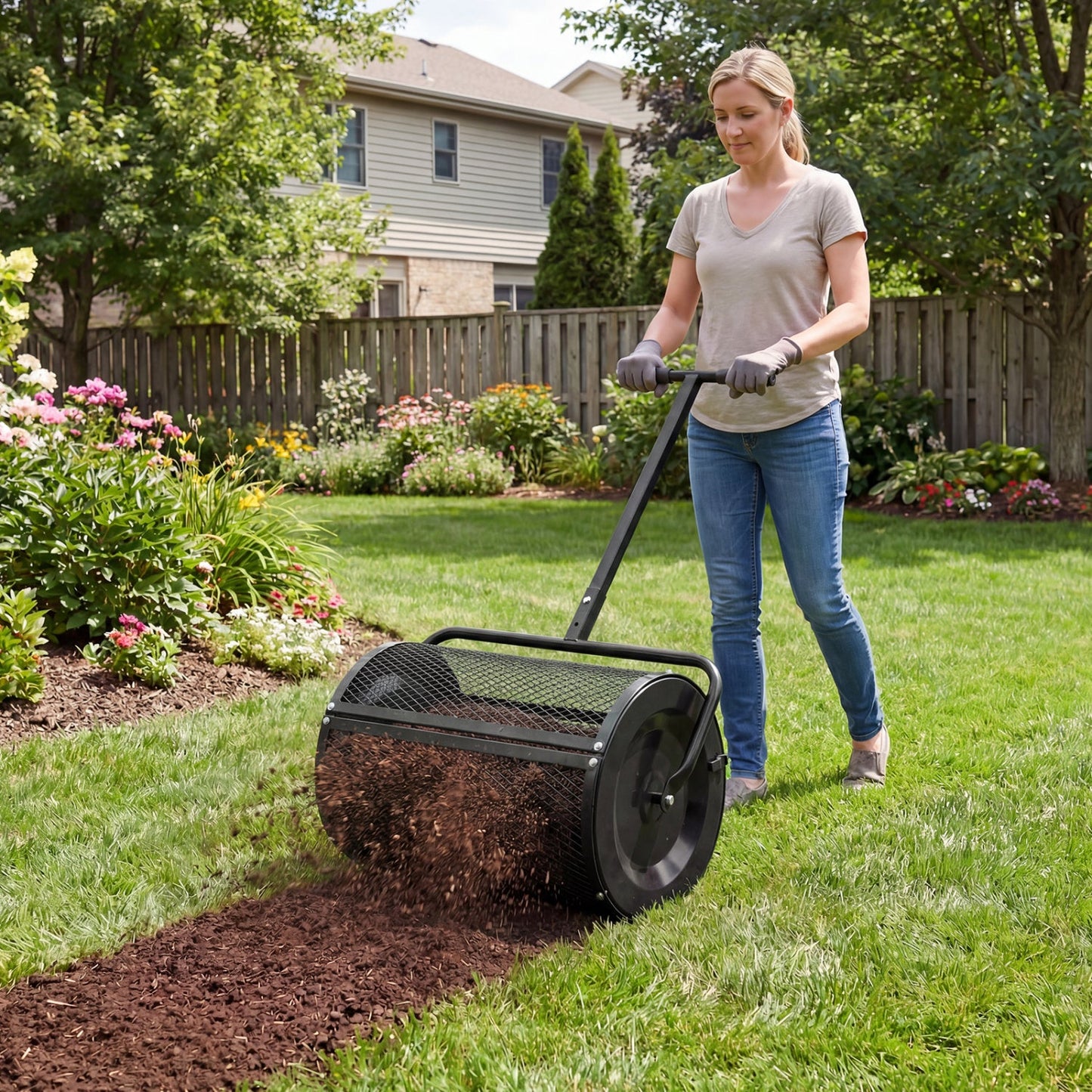 Compost Spreader 24 Inch Peat Moss Spreader Roller with Height-adjustable T-shape Handle