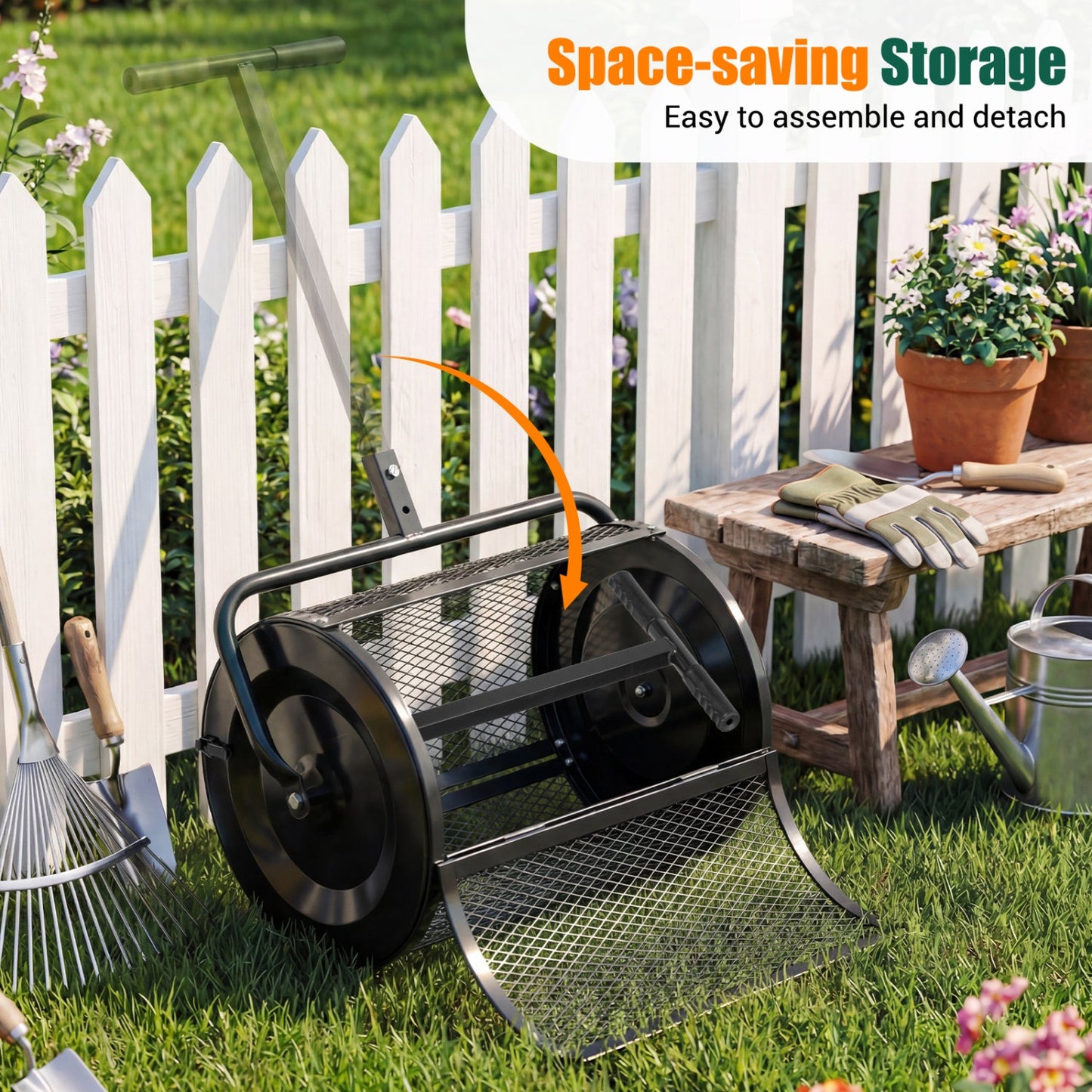 Compost Spreader 24 Inch Peat Moss Spreader Roller with Height-adjustable T-shape Handle