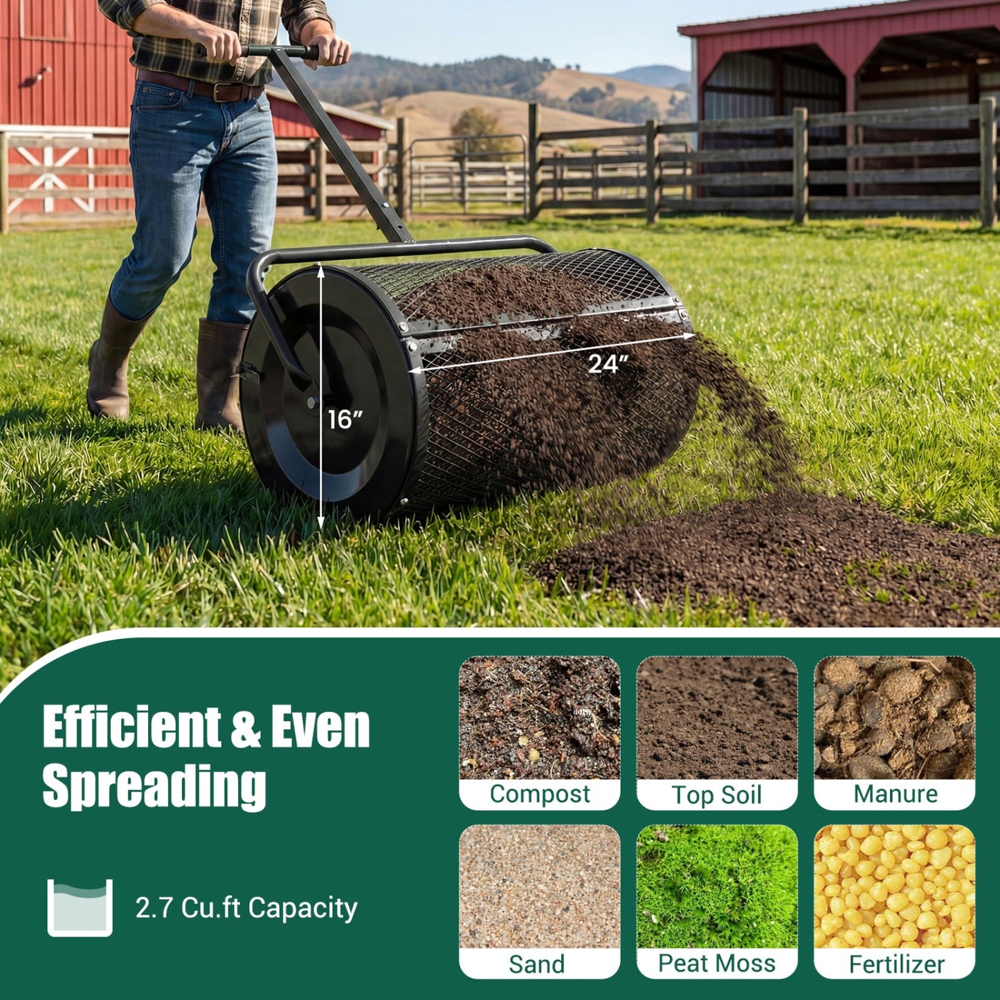 Compost Spreader 24 Inch Peat Moss Spreader Roller with Height-adjustable T-shape Handle