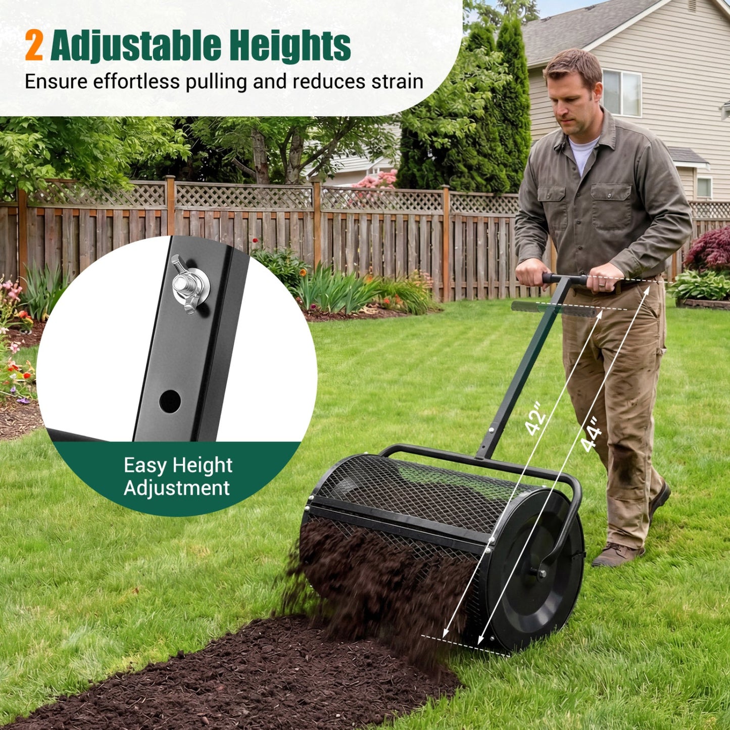 Compost Spreader 24 Inch Peat Moss Spreader Roller with Height-adjustable T-shape Handle