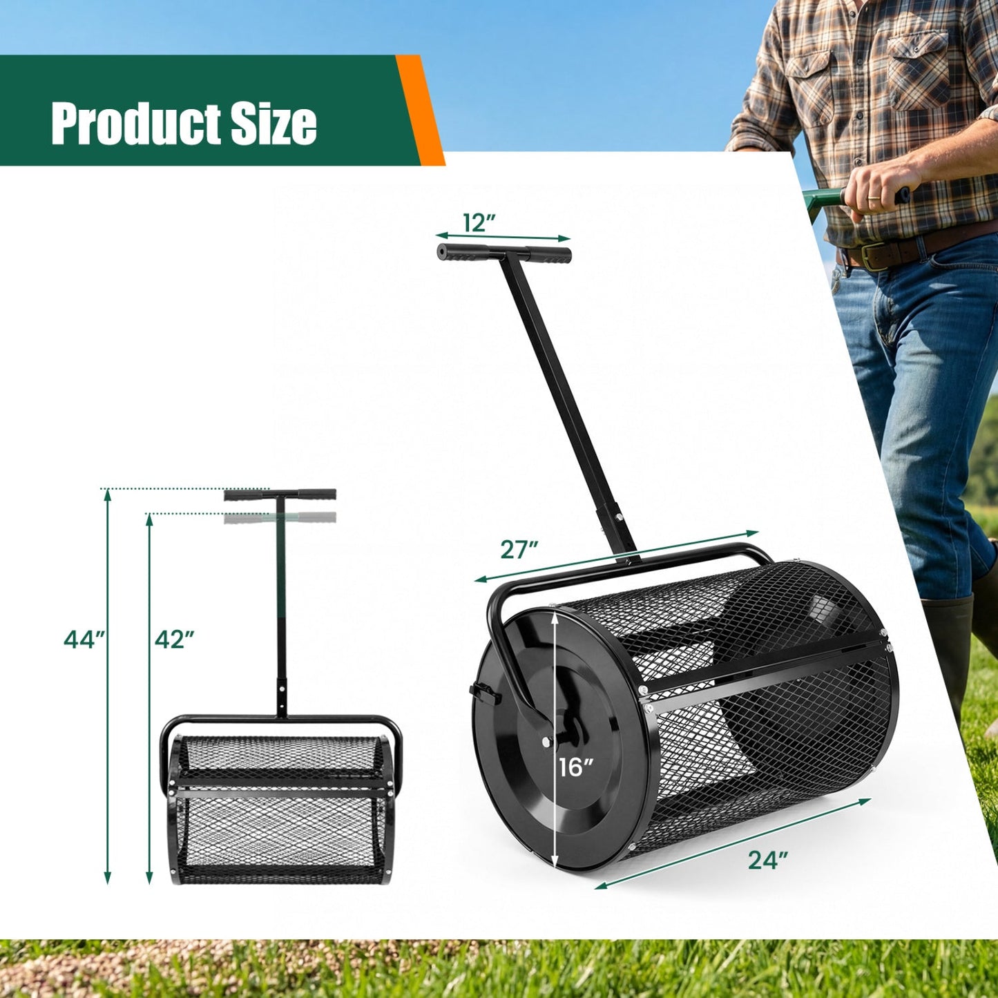 Compost Spreader 24 Inch Peat Moss Spreader Roller with Height-adjustable T-shape Handle