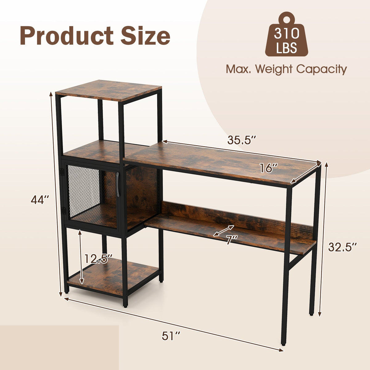 Computer Desk with Bookshelf Home Office Desk with Storage Cabinet and Shelves-Rustic Brown