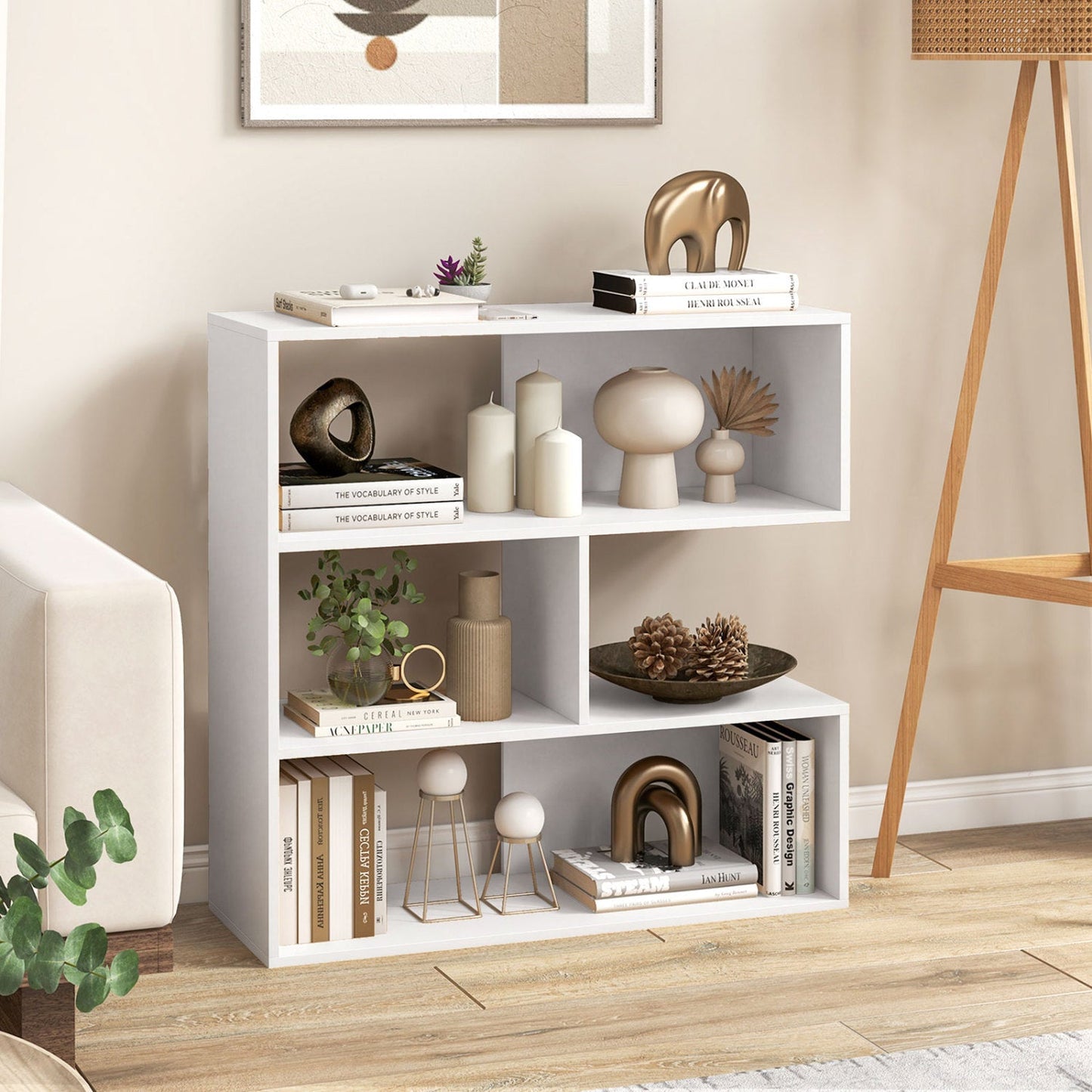 Concave Bookshelf with 3 Open Shelves and Anti-Tip Device