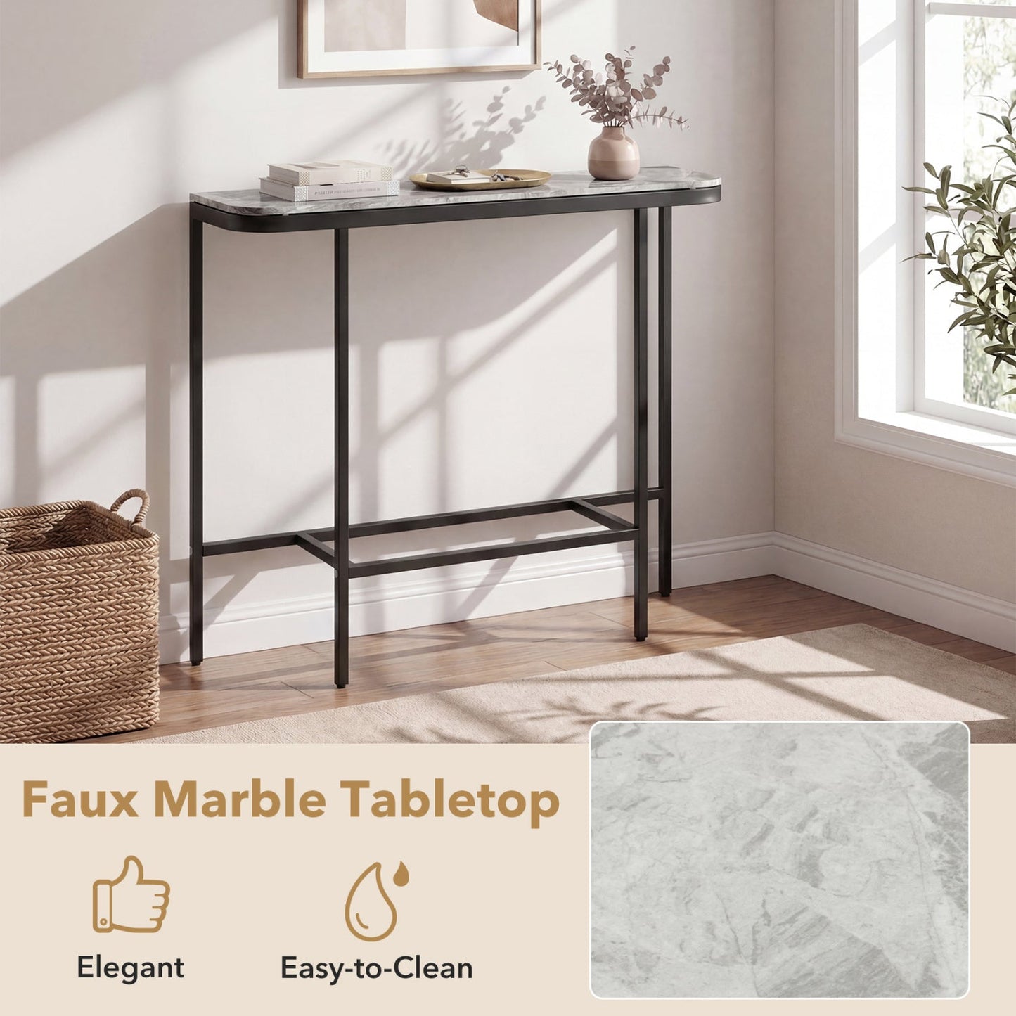 Console Table 44-Inch Entryway Table with Faux Marble Tabletop and Heavy-Duty Metal Frame
