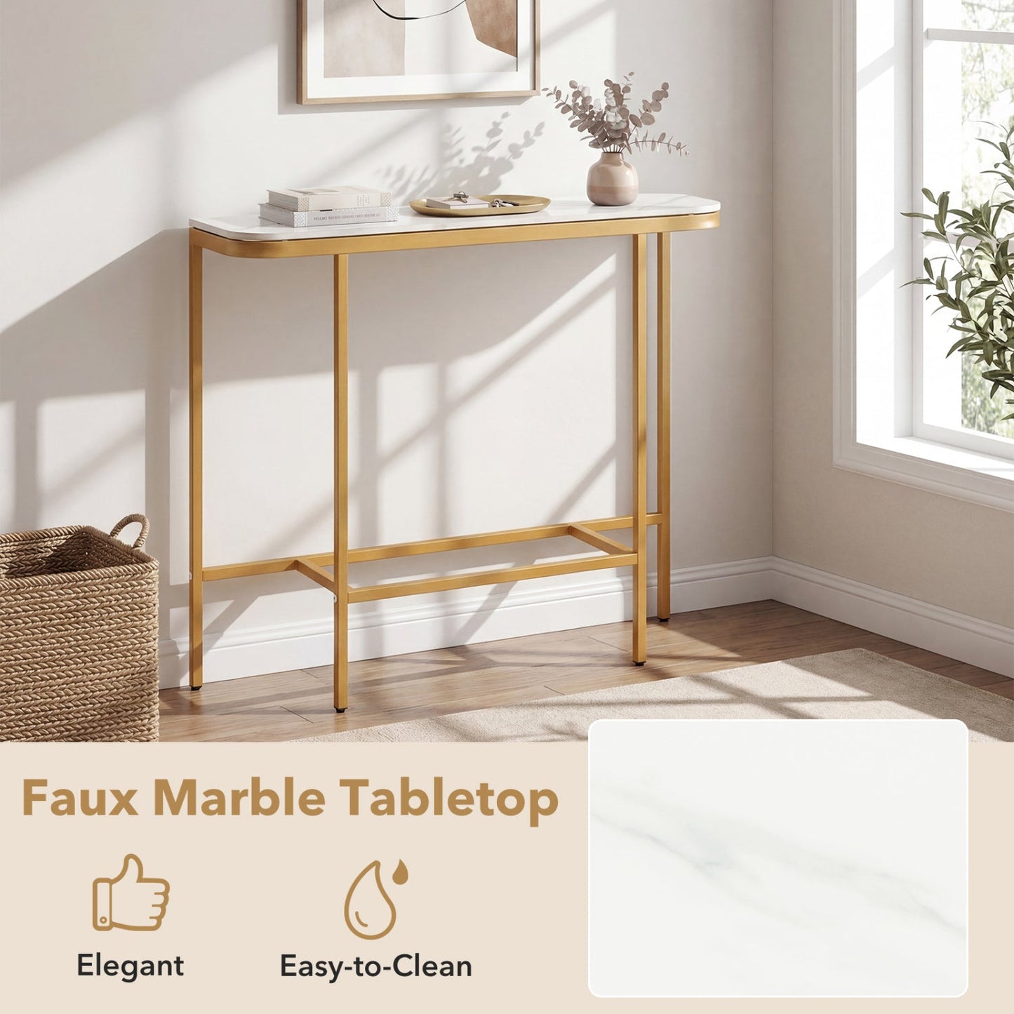 Console Table 44-Inch Entryway Table with Faux Marble Tabletop and Heavy-Duty Metal Frame