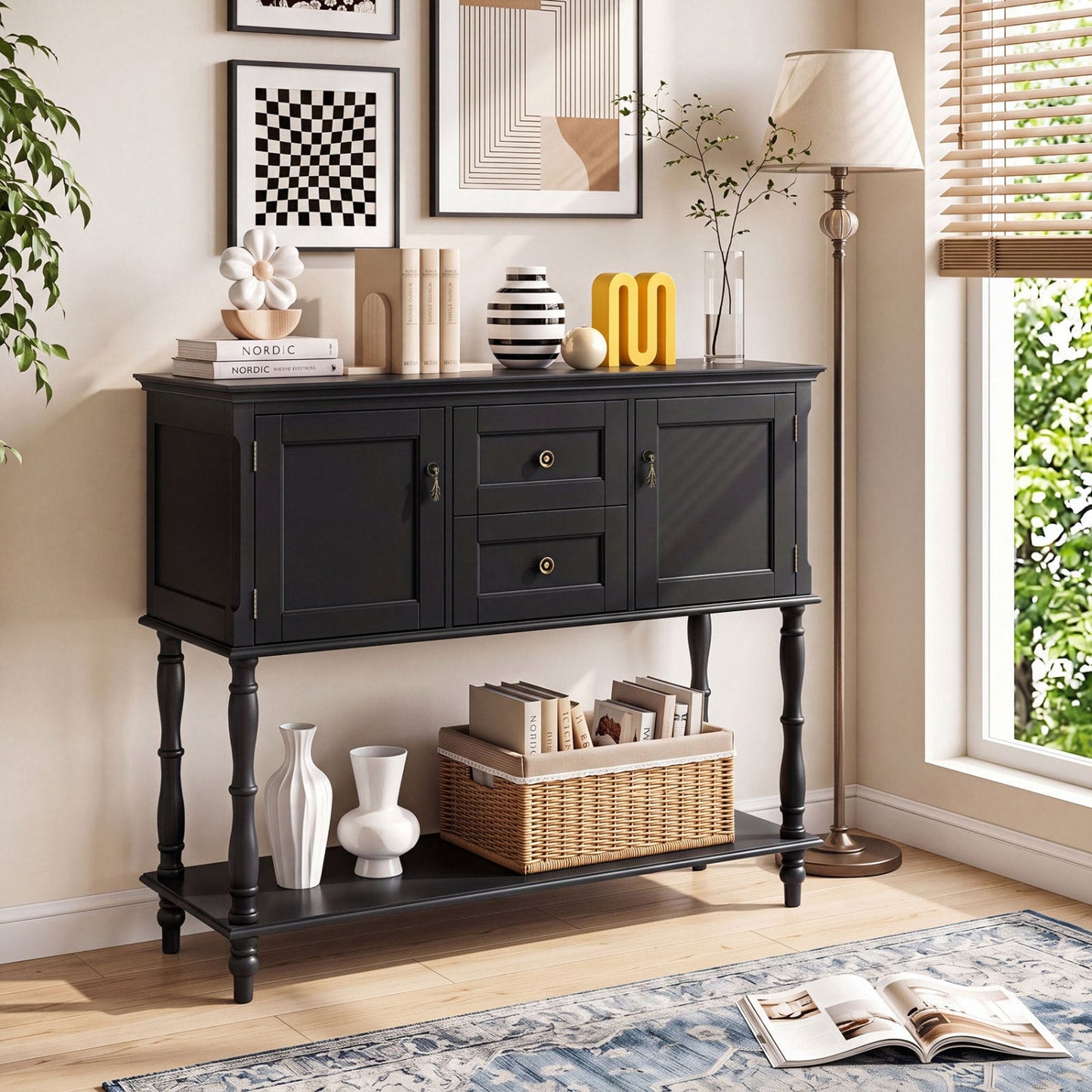Console Table with 2 Drawers and Storage Cabinets