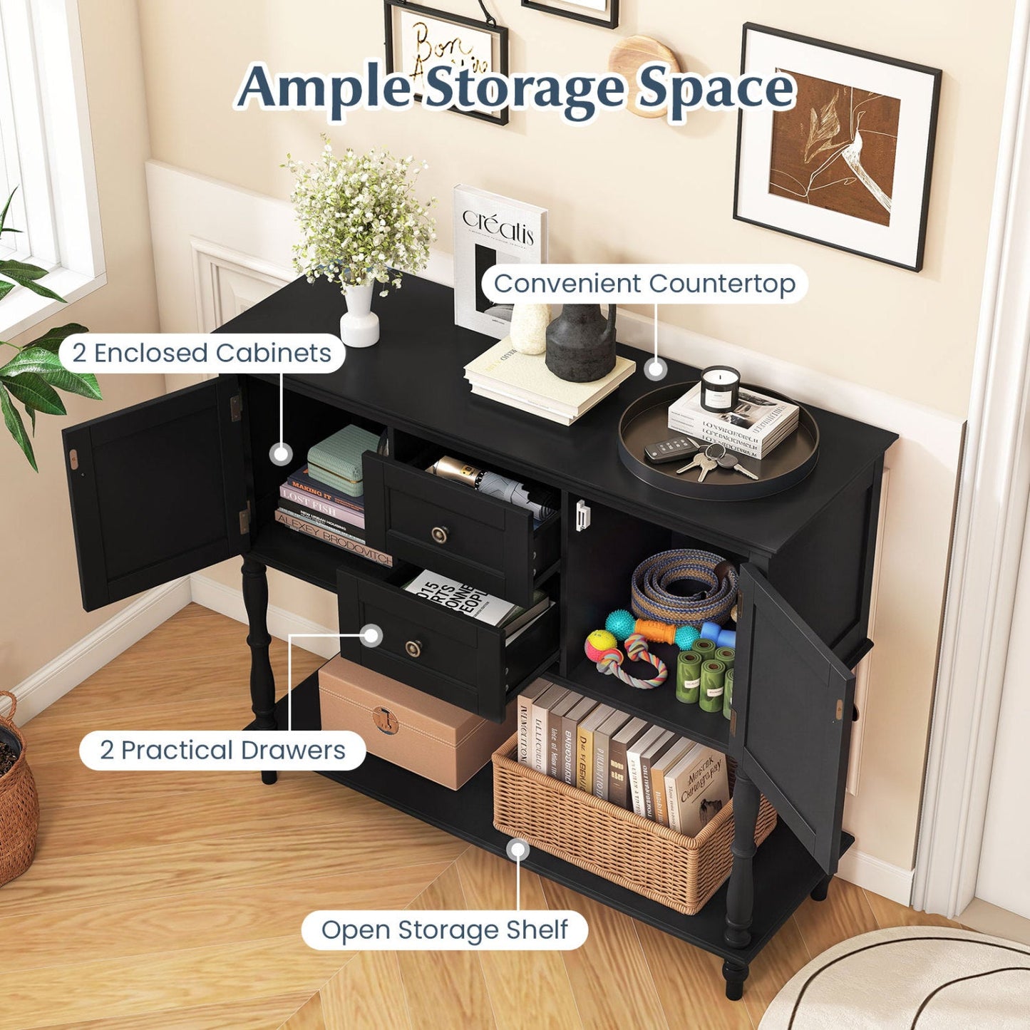 Console Table with 2 Drawers and Storage Cabinets